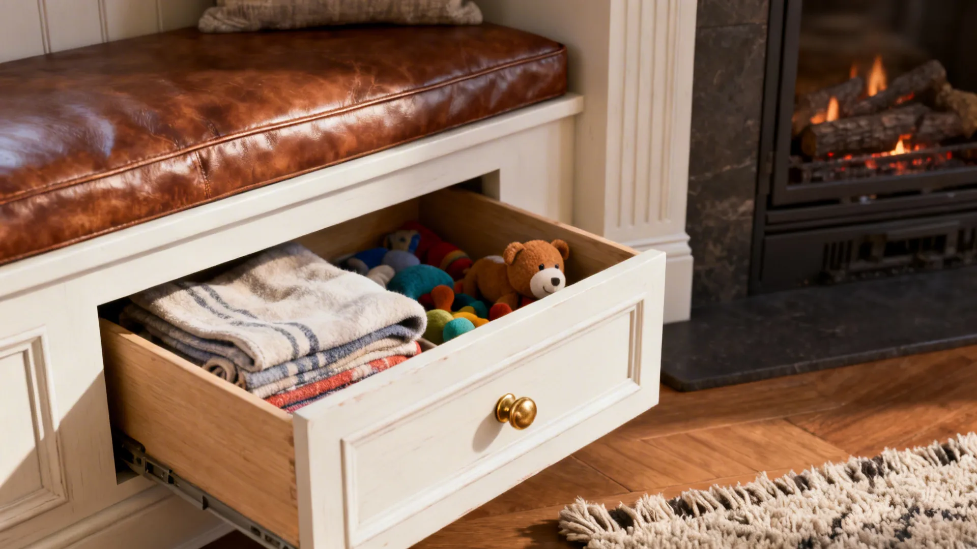 White storage bench with leather seat having open drawer with blankets and small teddy bear