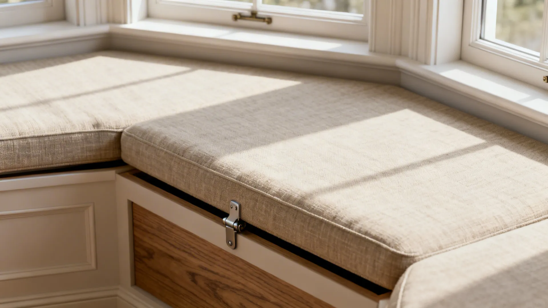 Close-up of a bay window built-in bench with lift-up storage and neutral linen cushion.