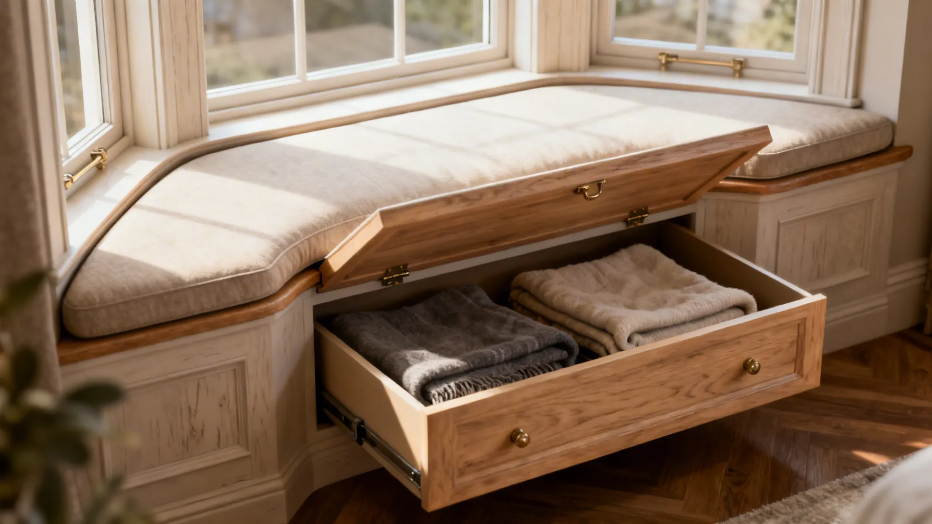 Curved bay window bench with hinged top and drawers storing blankets