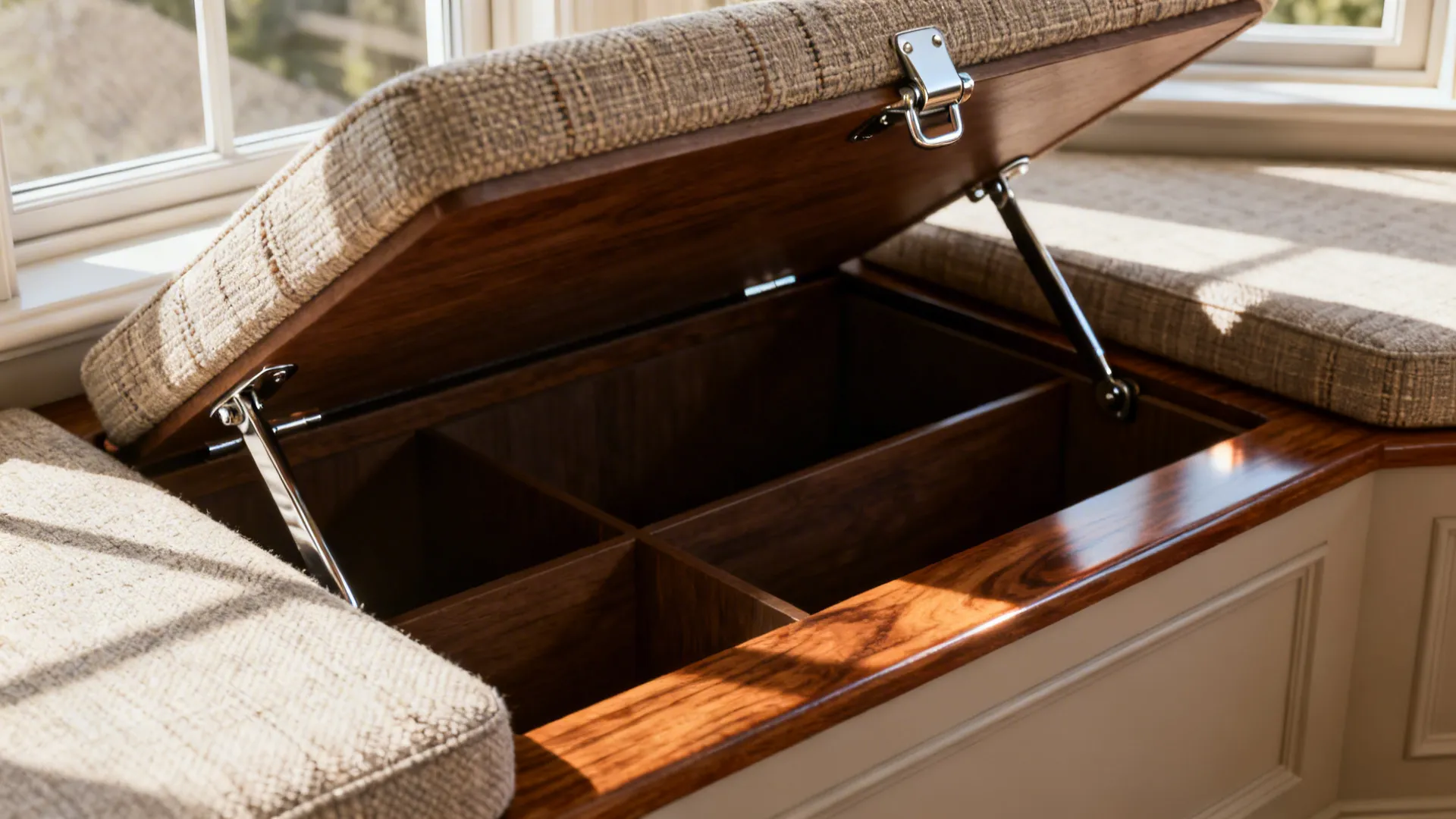 Open lift-up bench seat showing hidden storage under bay window cushions