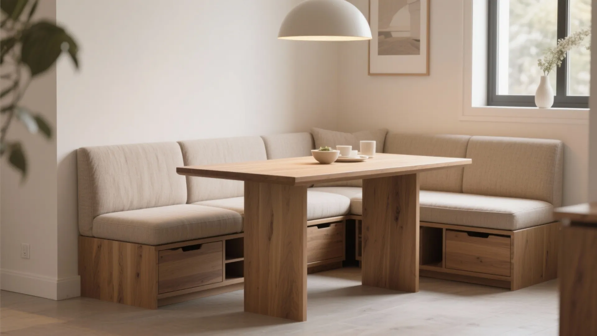 Dining nook with cushioned bench seating hiding storage compartments