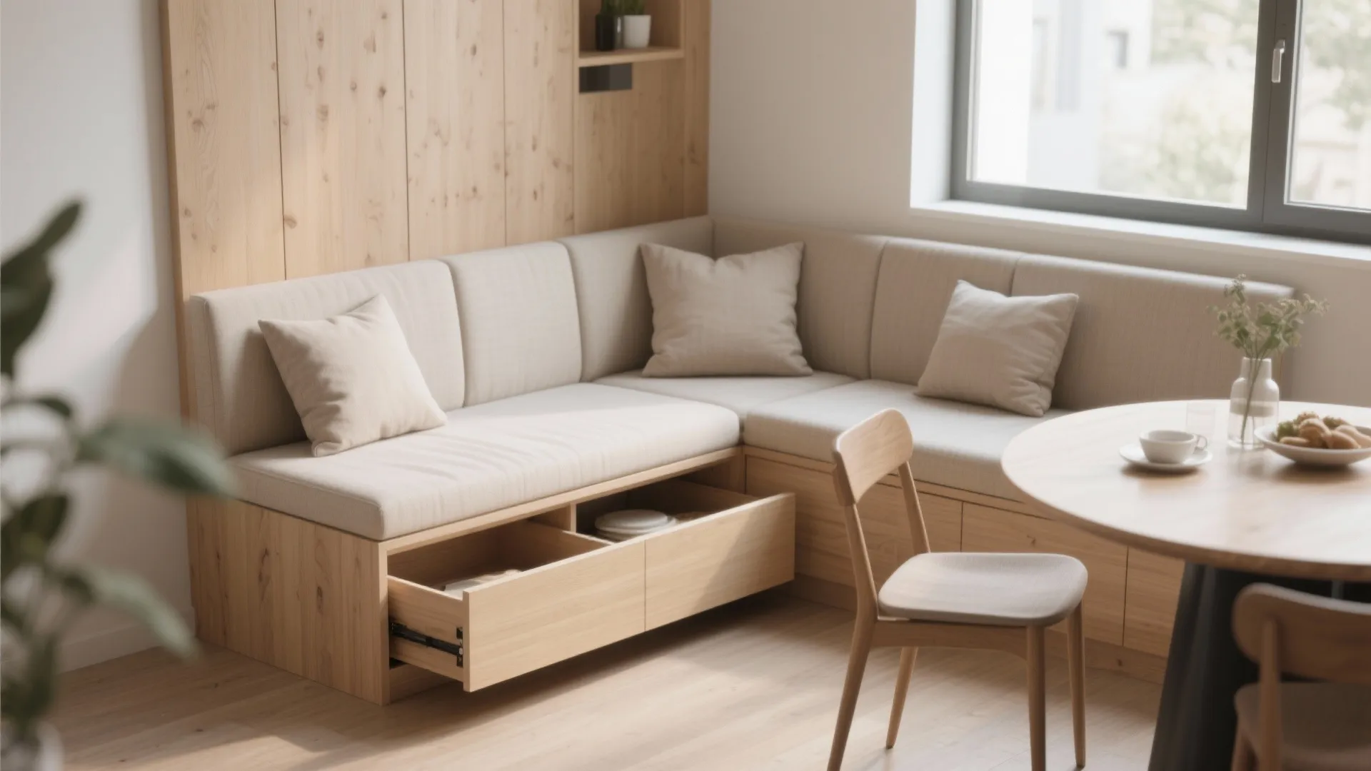Wooden corner bench with cream cushions featuring open storage drawers next to a dining table
