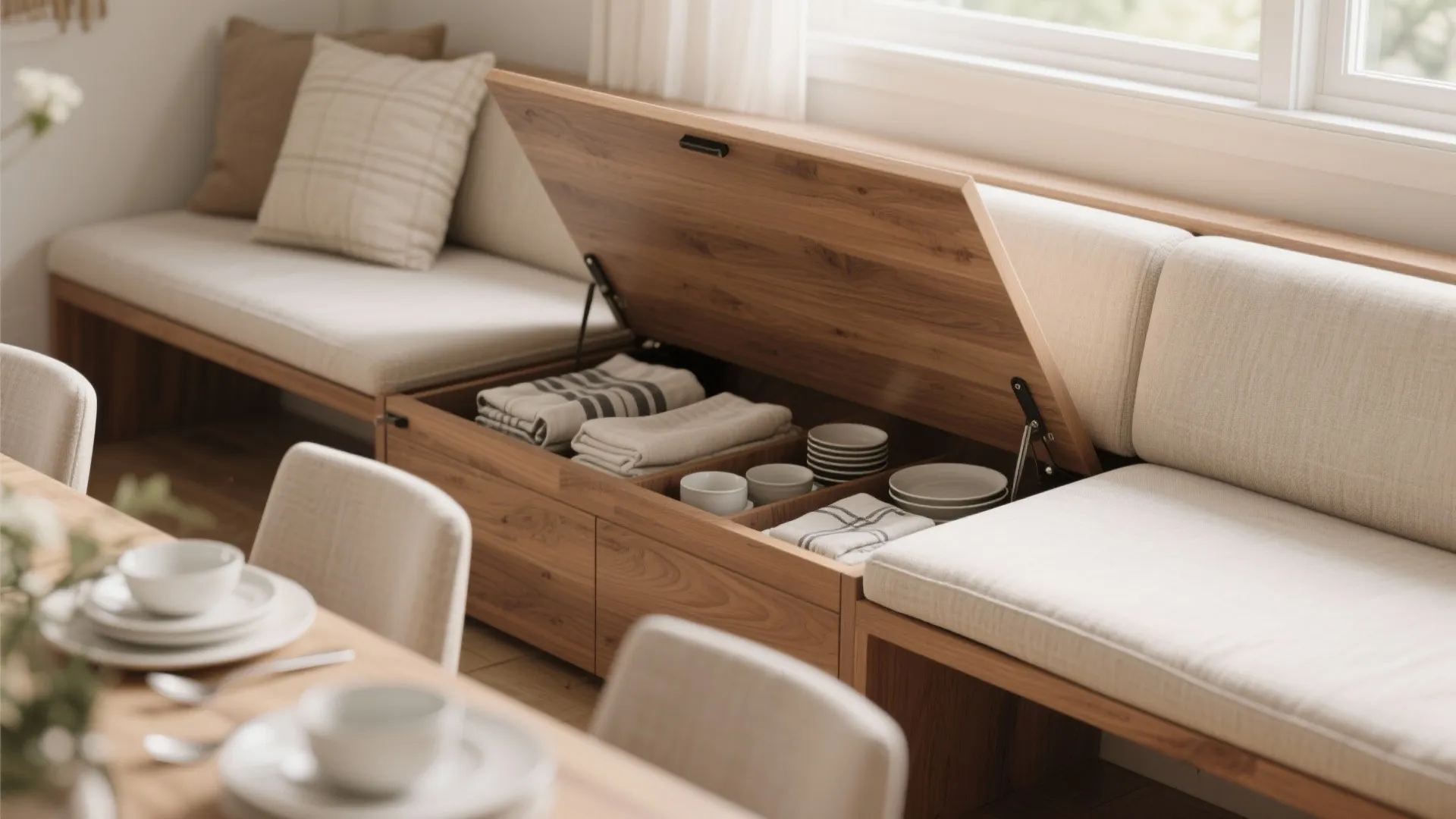 Dining bench with cushion and hidden storage for tableware