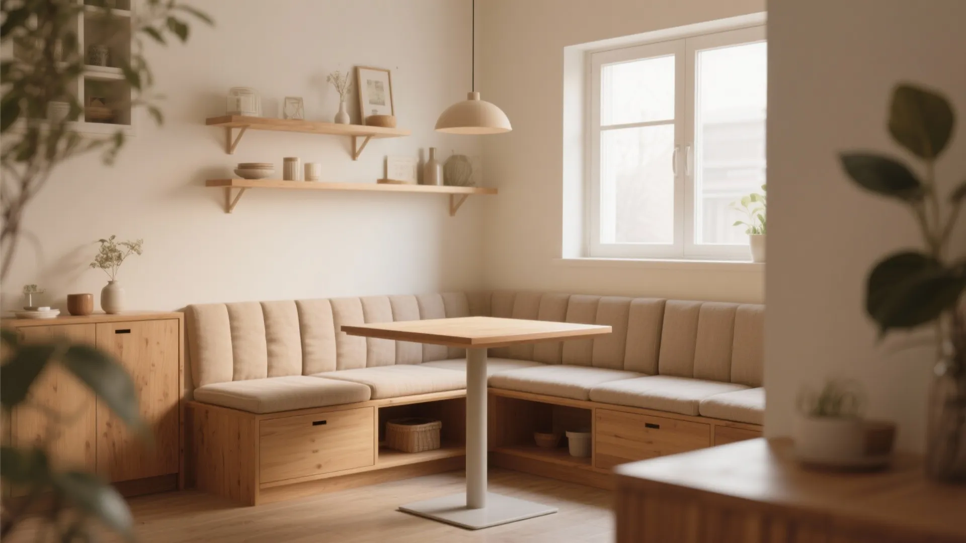 Dining area with wall bench seating and hidden storage