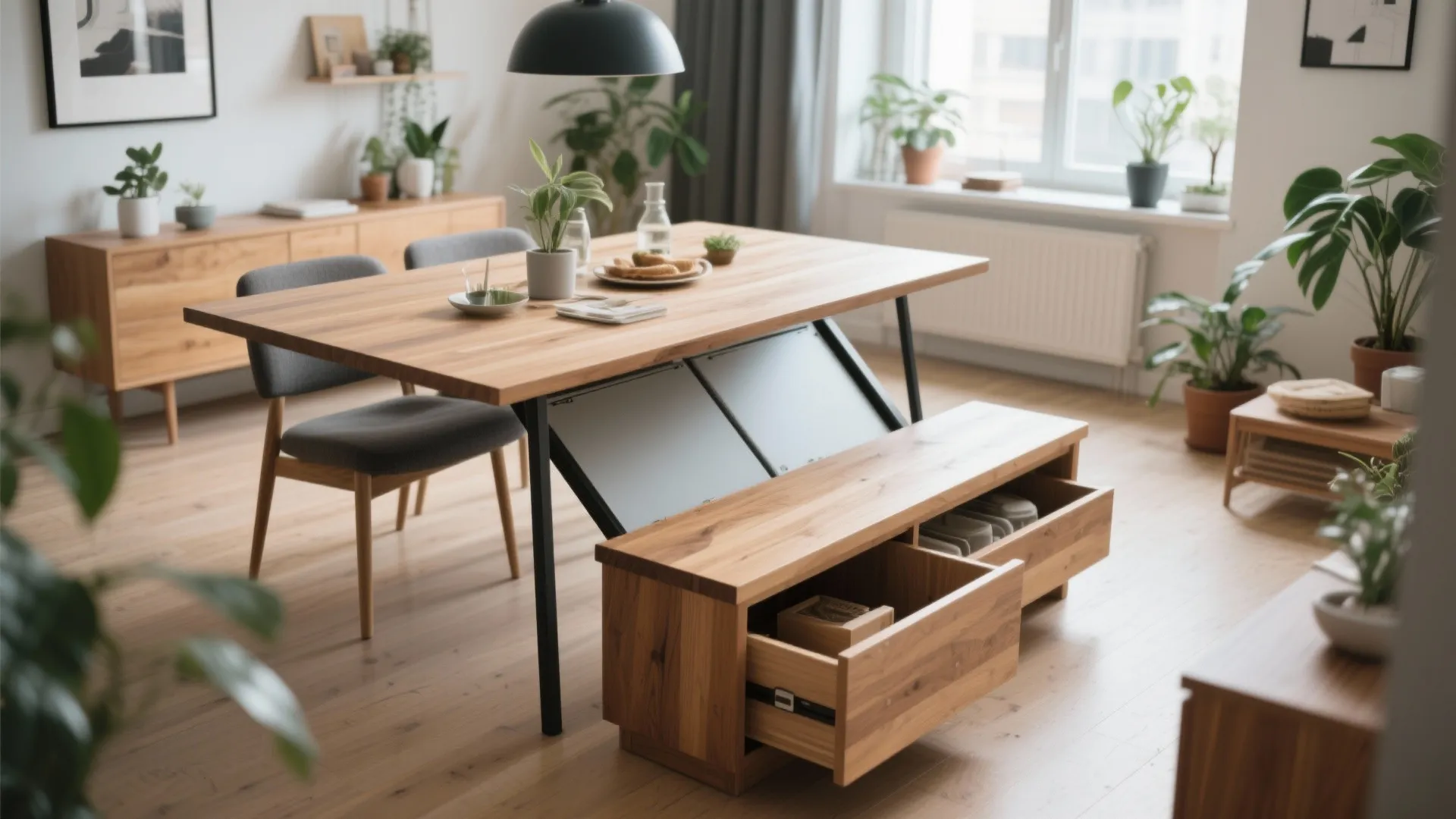 Dining bench with hidden storage under a wooden table