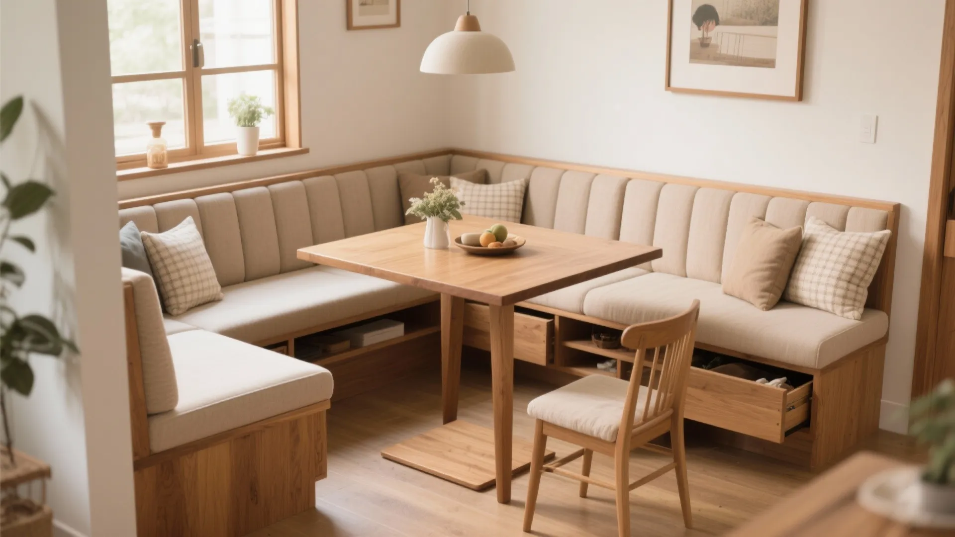 L-shaped wooden dining bench with storage drawers and a square table in a bright room