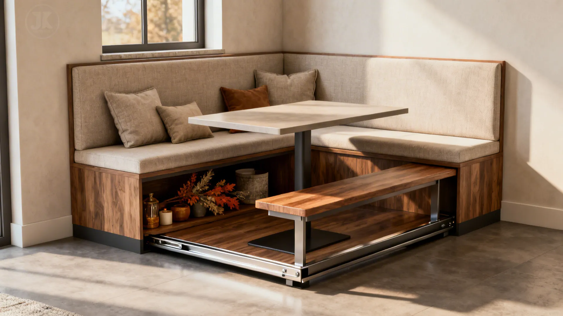 Modern wood dining booth with built-in storage bench and a pull-out wooden seat for guests