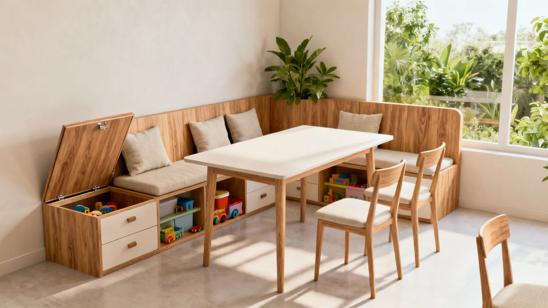 Modern dining area with wooden corner bench storage containing toys and a white dining table