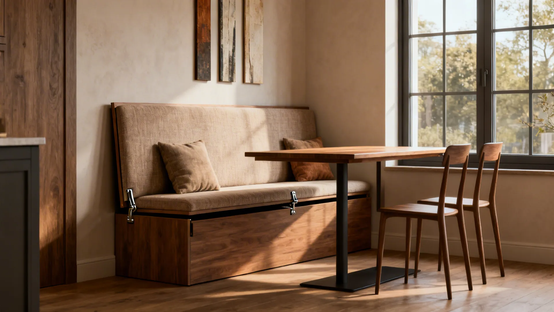Dining nook with a hinged bench that provides seating and hidden storage beneath cushions.