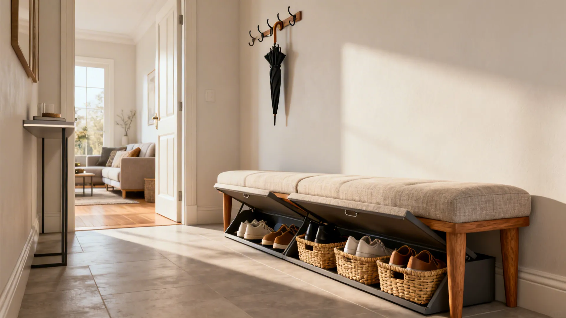 Long bench-style storage ottoman along an entry-adjacent living room wall storing shoes and umbrellas.