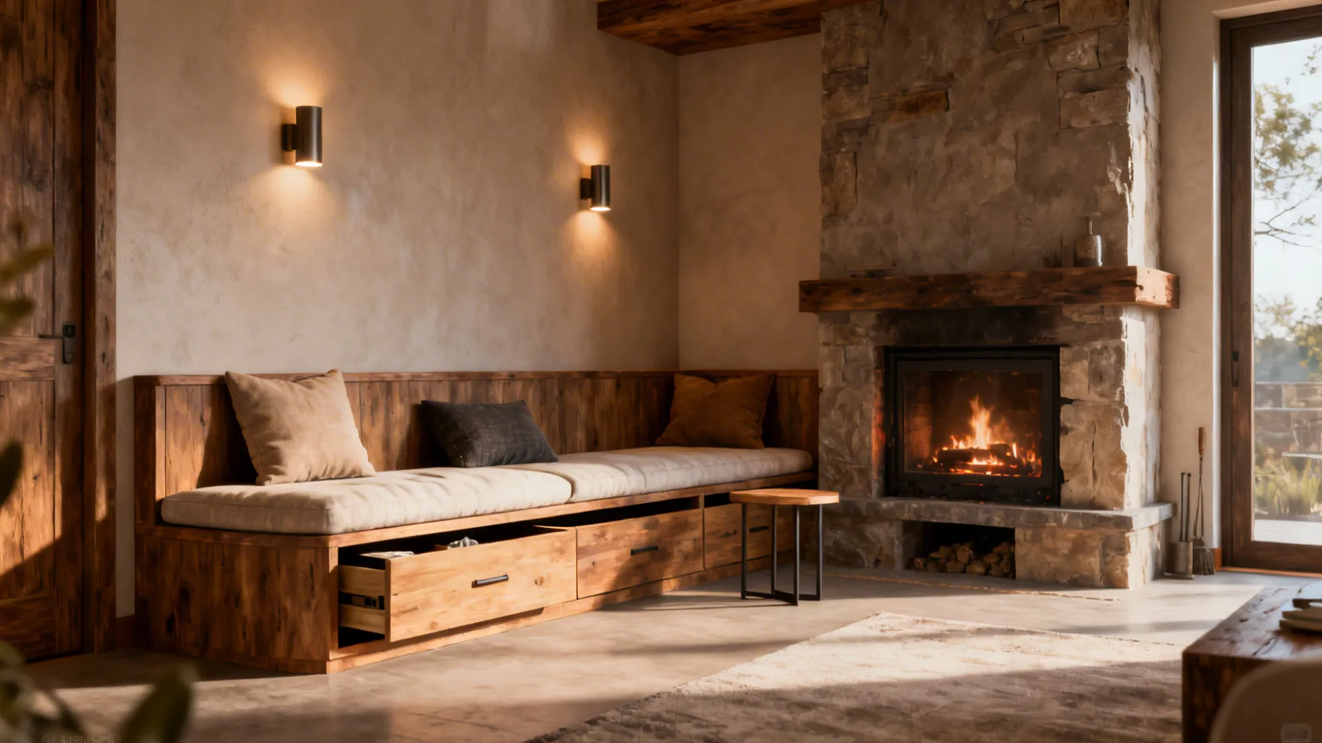 Built-in bench seating with hidden storage beside a small fireplace, cozy pillows and warm lighting.