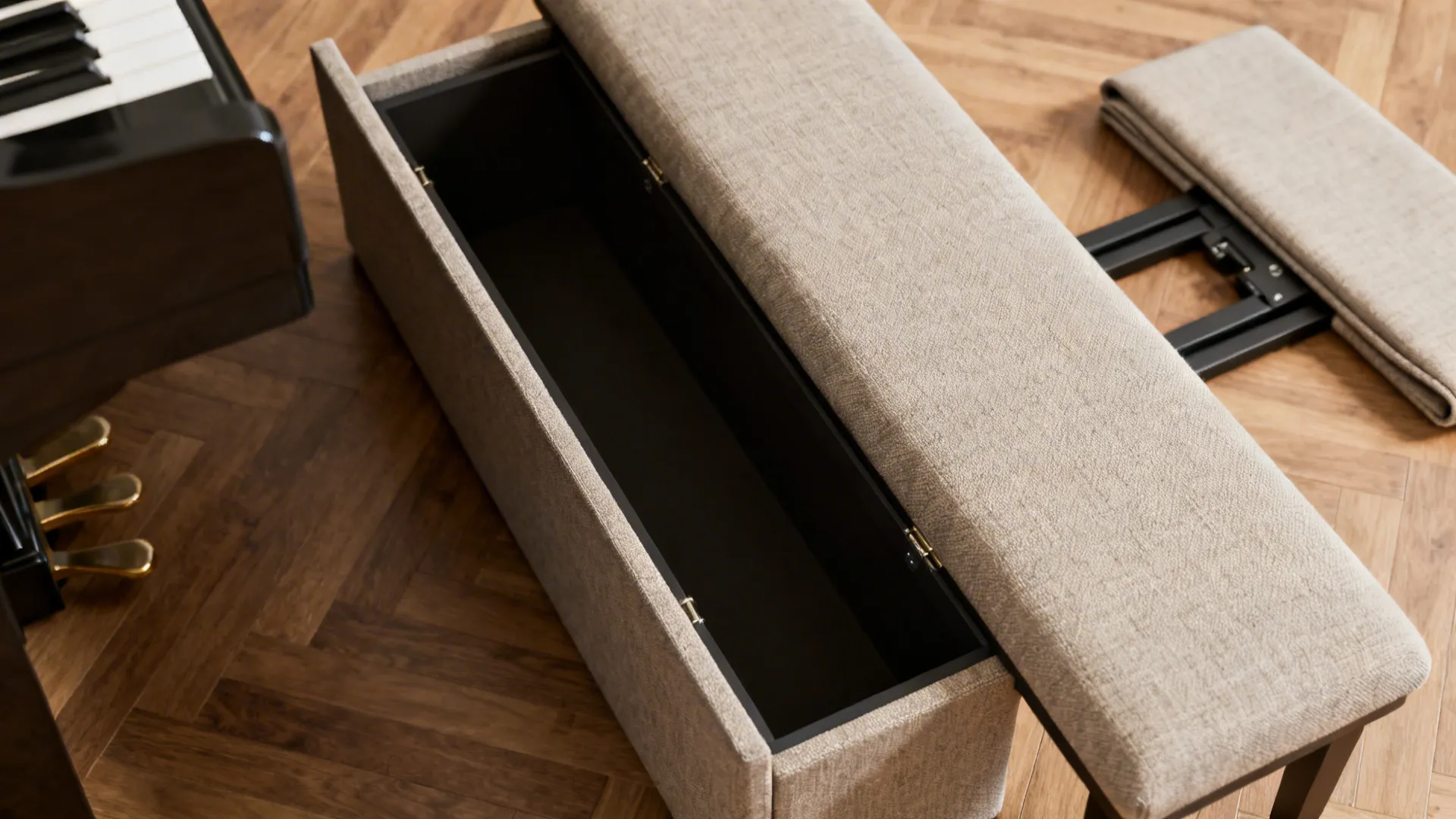 Narrow cushioned piano bench with hidden storage and fold-down backrest shown in detail.