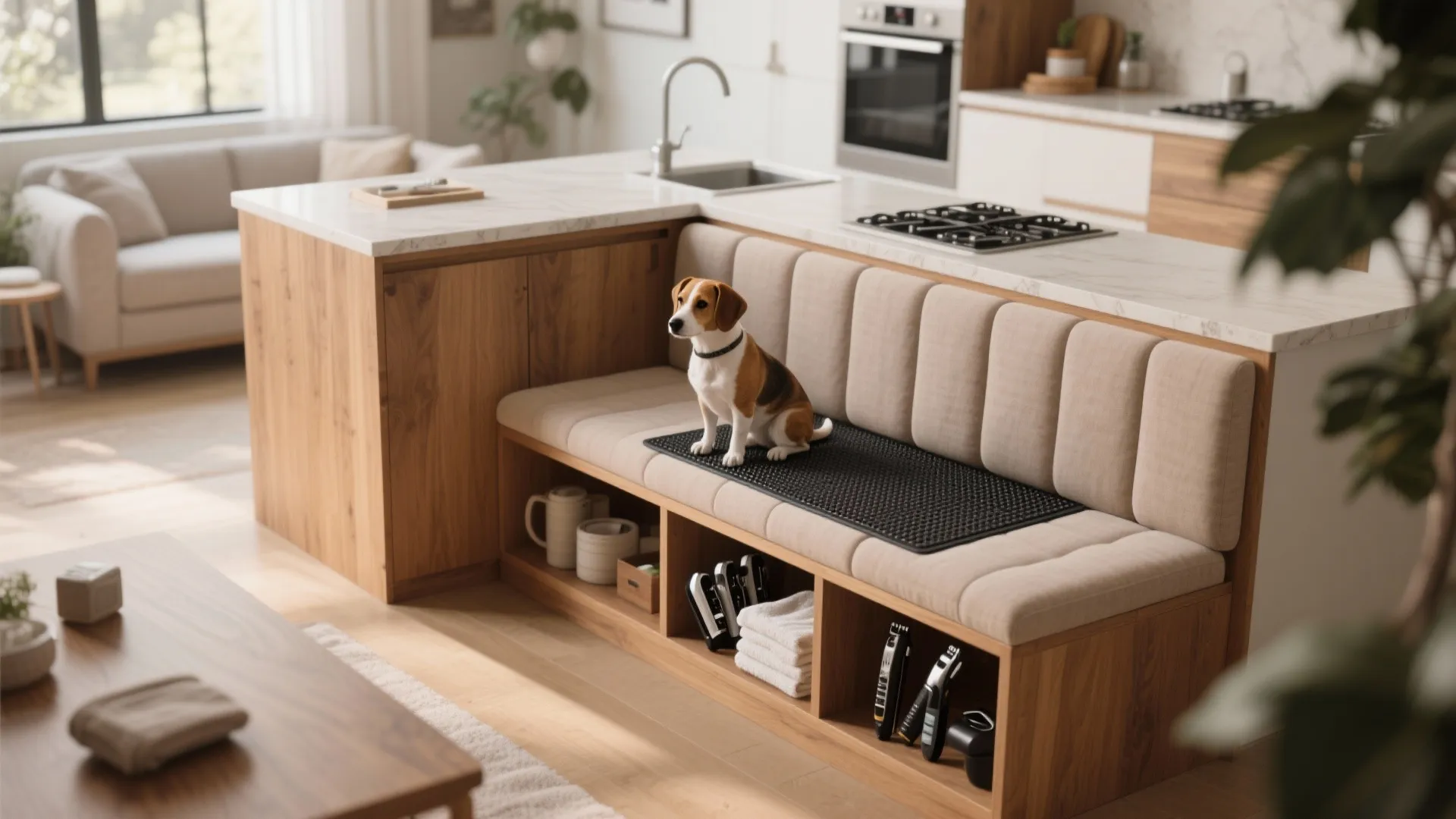 Modern kitchen island with integrated padded bench and storage shelves for pet grooming tools design
