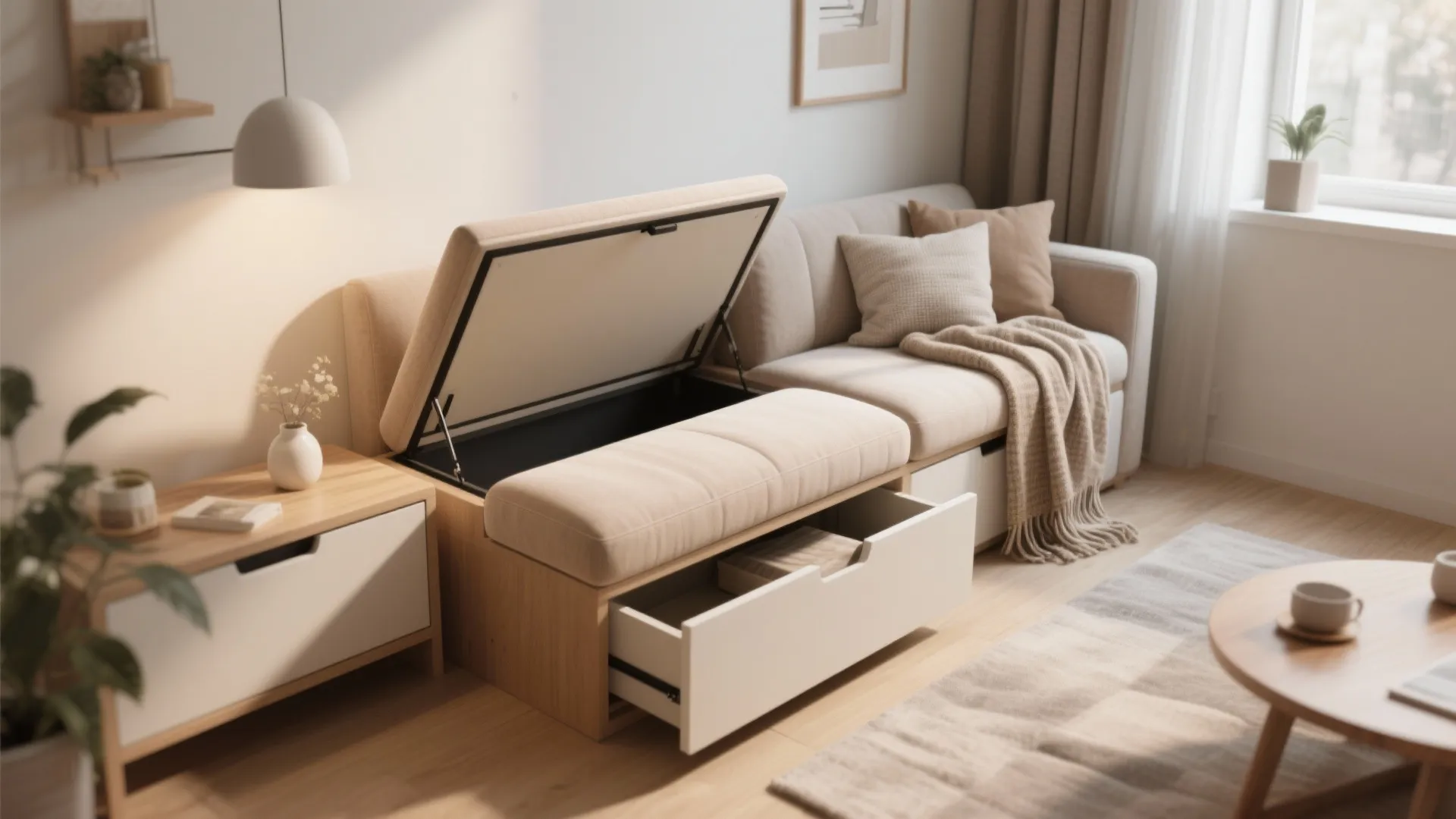 Beige sofa with open storage compartment and pulled out drawer in a bright modern room