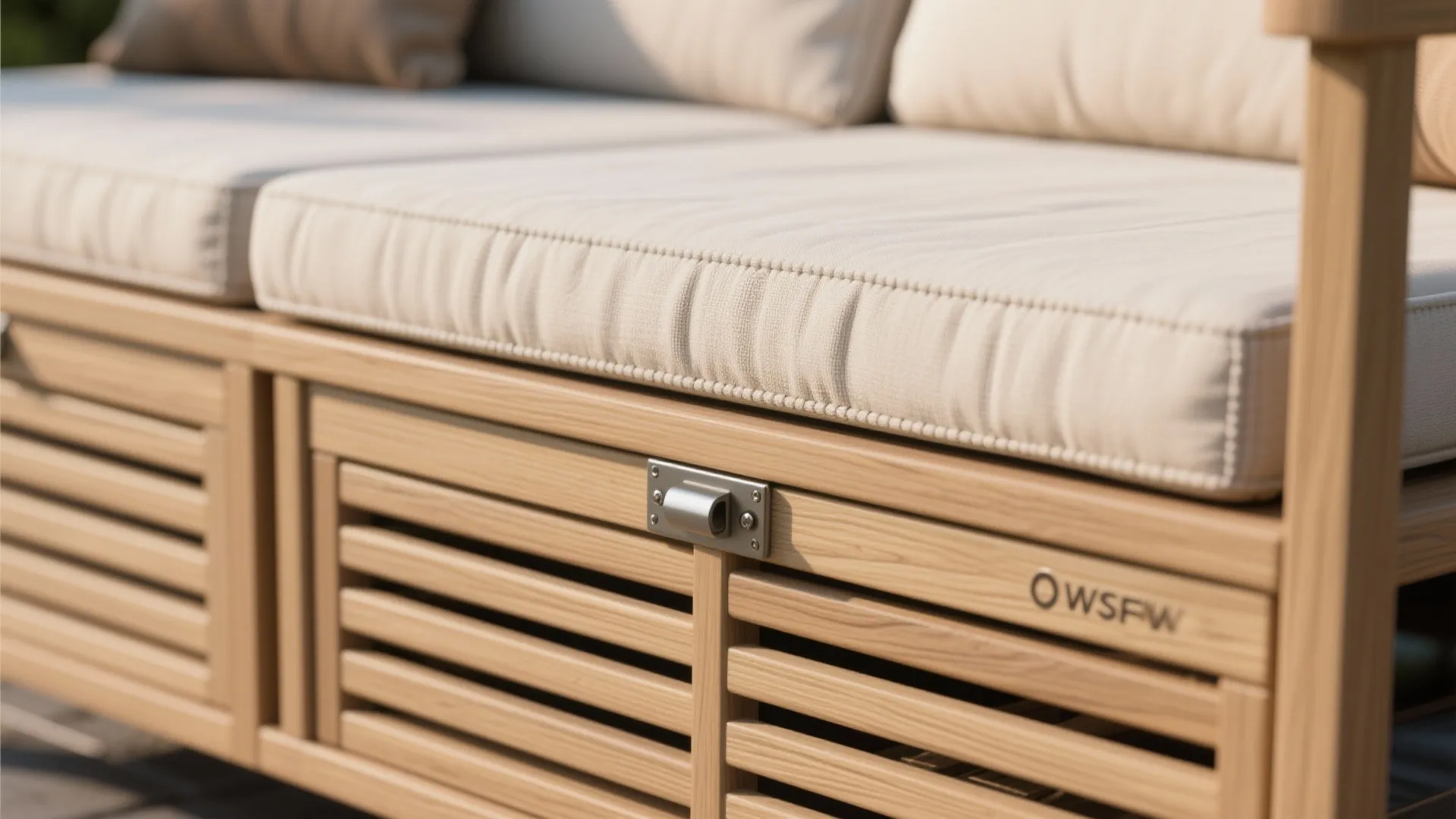 Macro detail of slatted bench storage with hinge and ventilated design, cushion fabric texture visible.