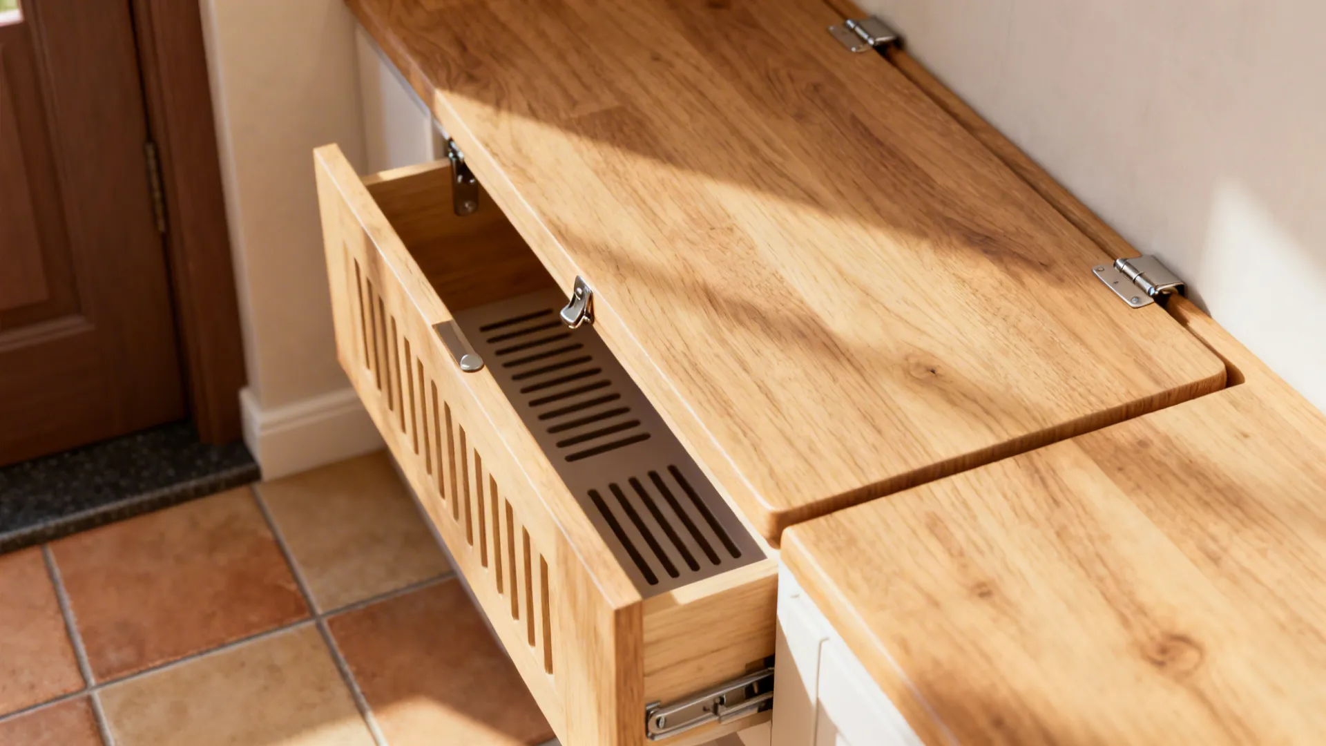 Close-up of a flip-up bench seat with ventilated storage in a compact kitchen entry.