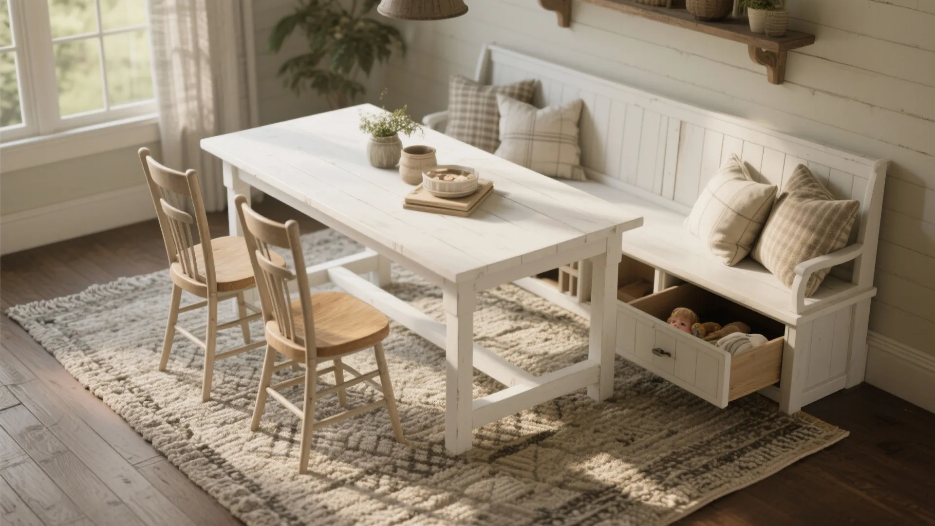 4. Bench seating and white table combo