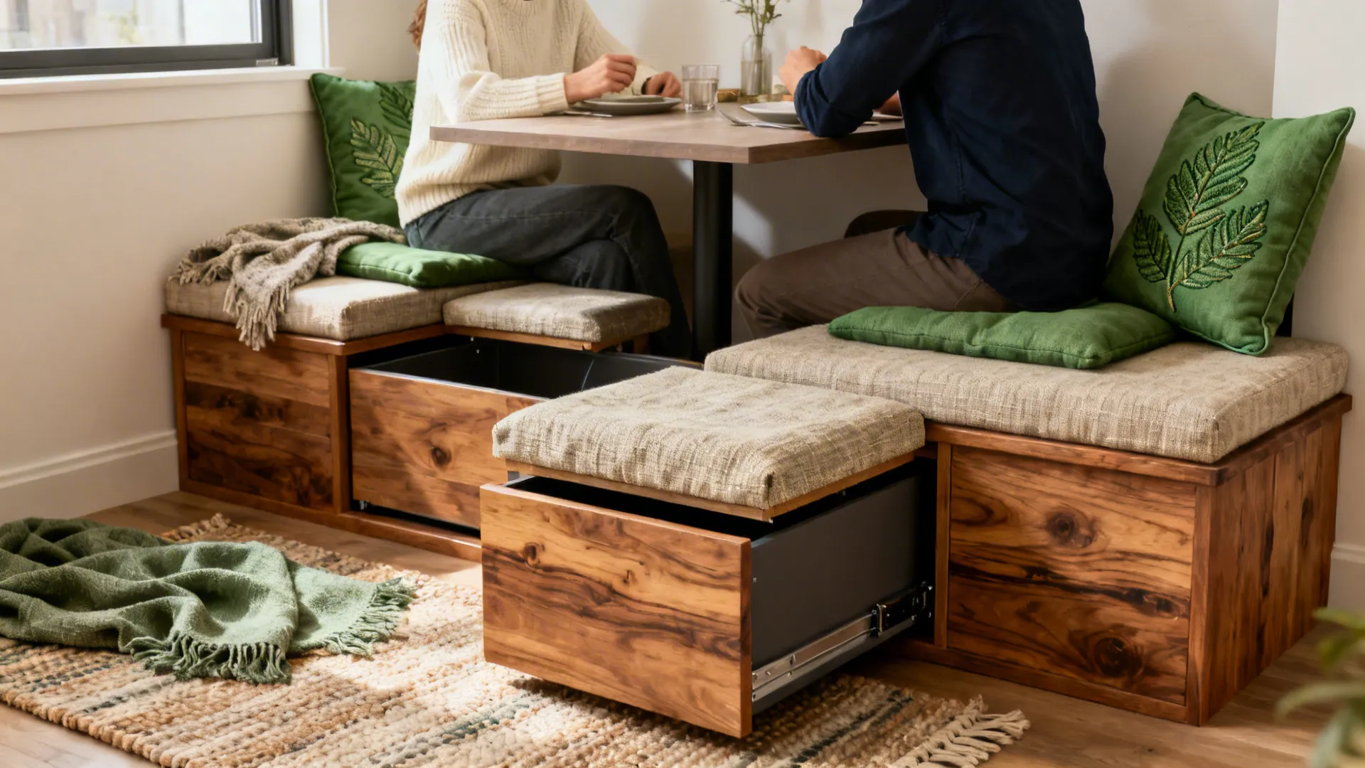 Built-in bench seating with lift-up storage cushions in a cozy dining nook