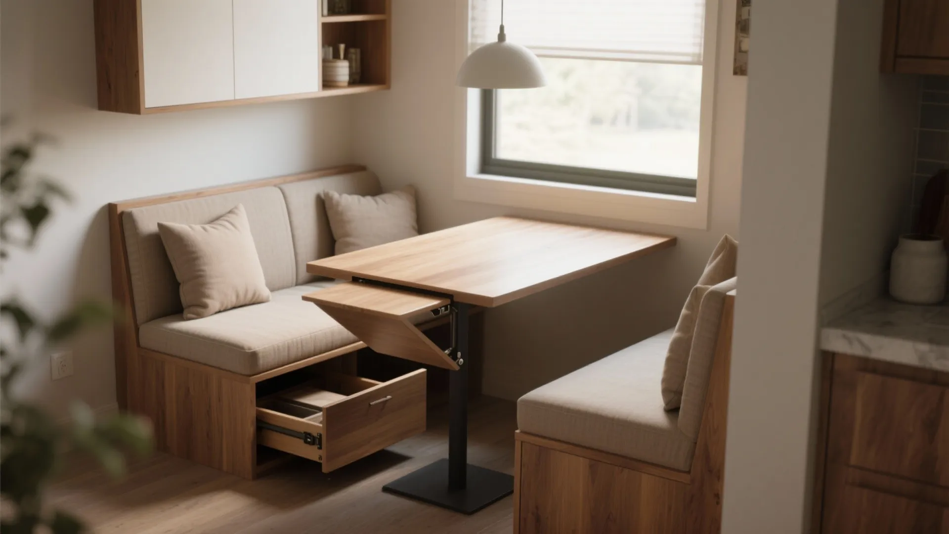 3. Bench seating with a flip-up leaf (storage + seating in one)