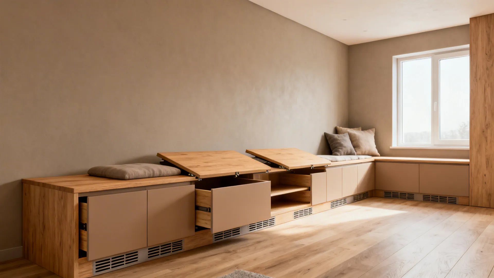 Built-in bench with lift-up storage and drawers in a small living room, wood and neutral tones.