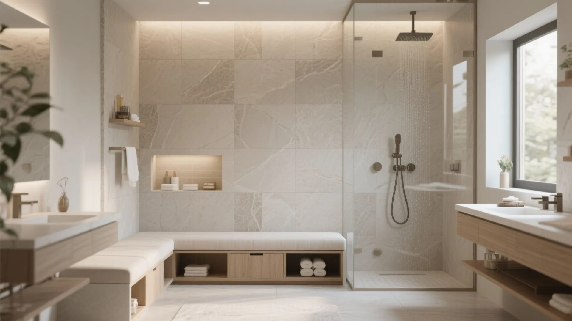 Large bathroom featuring glass shower wooden bench storage sink cabinets and warm wall light fixtures