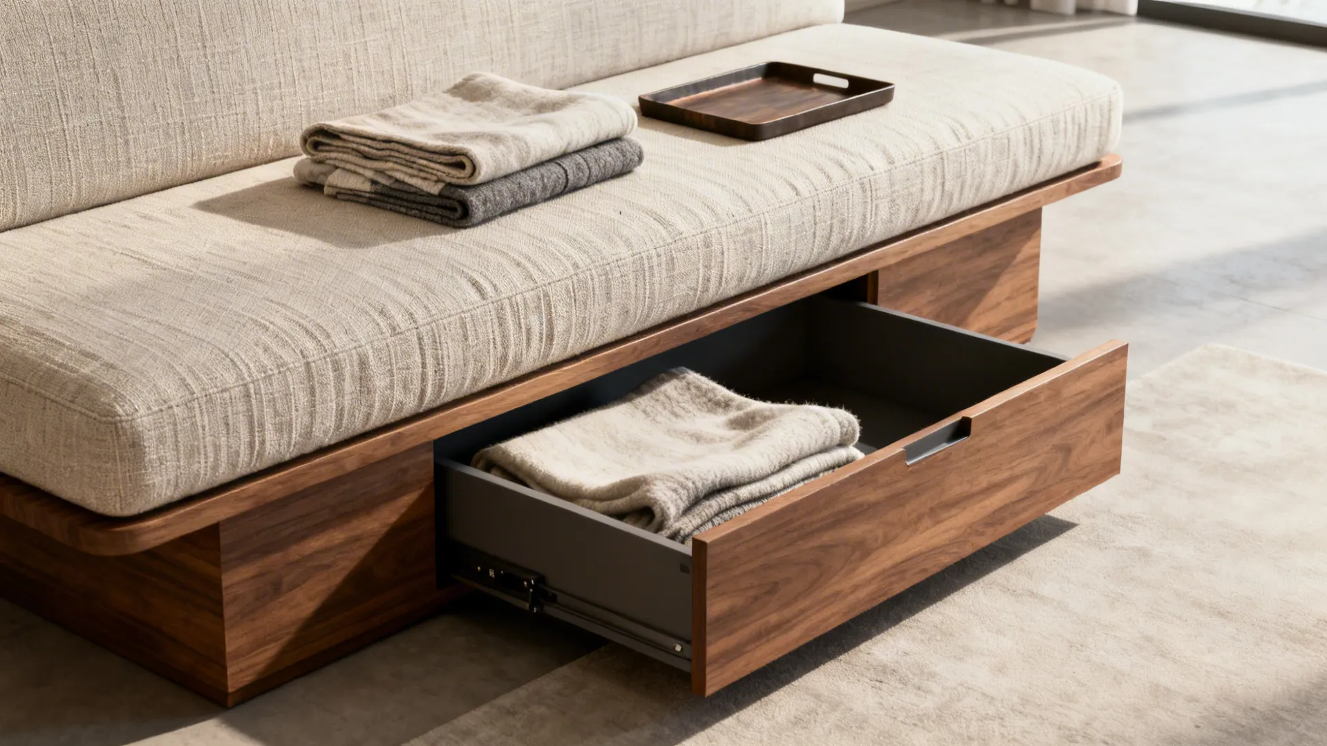 Bench-style sofa with built-in drawer storage open to show throws and neat organization