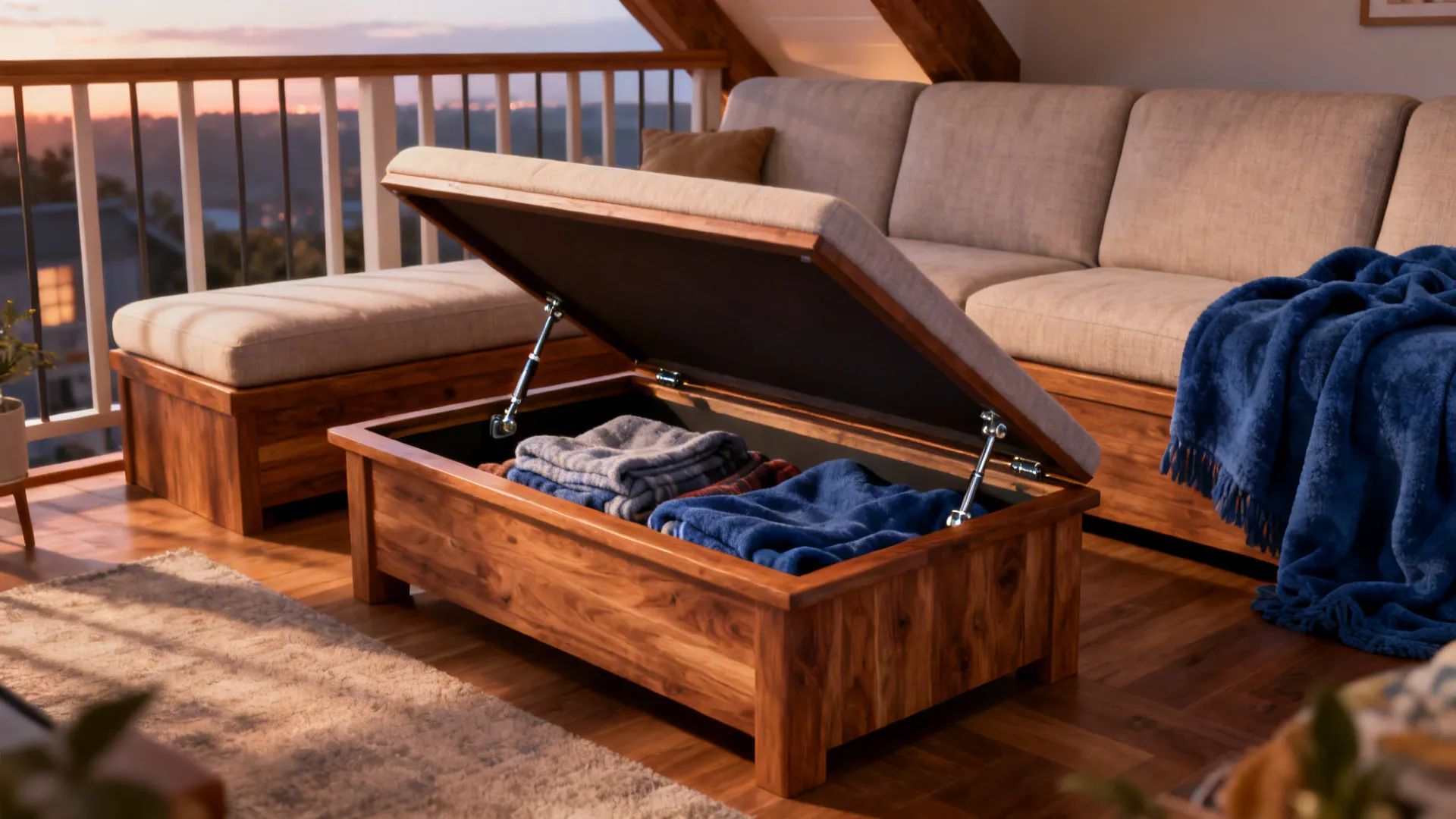 Bench-style coffee table with hidden storage open to reveal blankets and seating use.