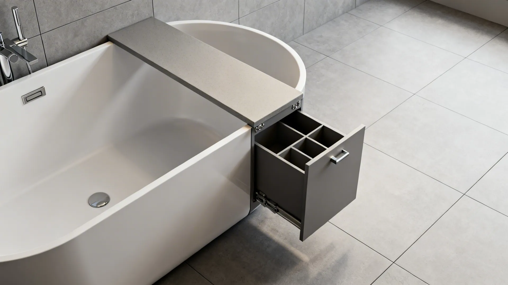 Slim bench integrated with a freestanding tub showing hidden storage compartments