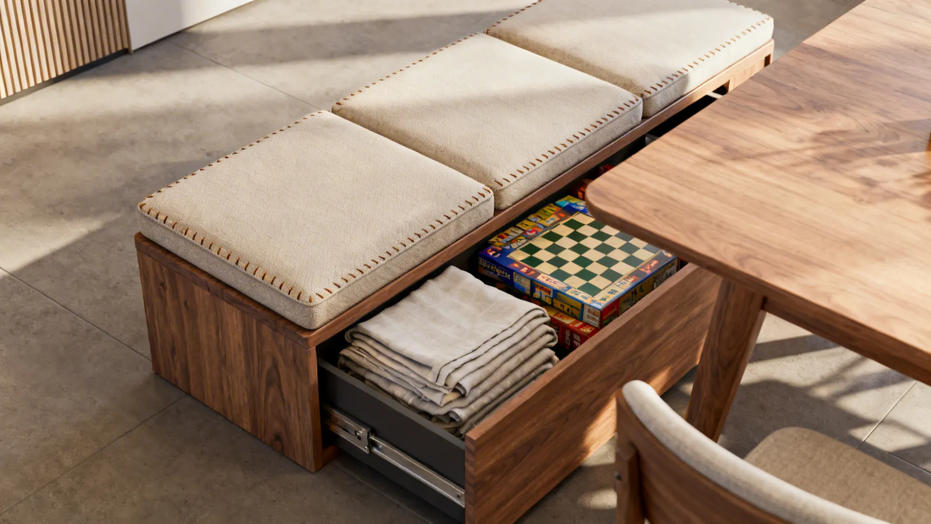 Wooden bench with beige cushions and open storage drawer containing folded blankets and board games