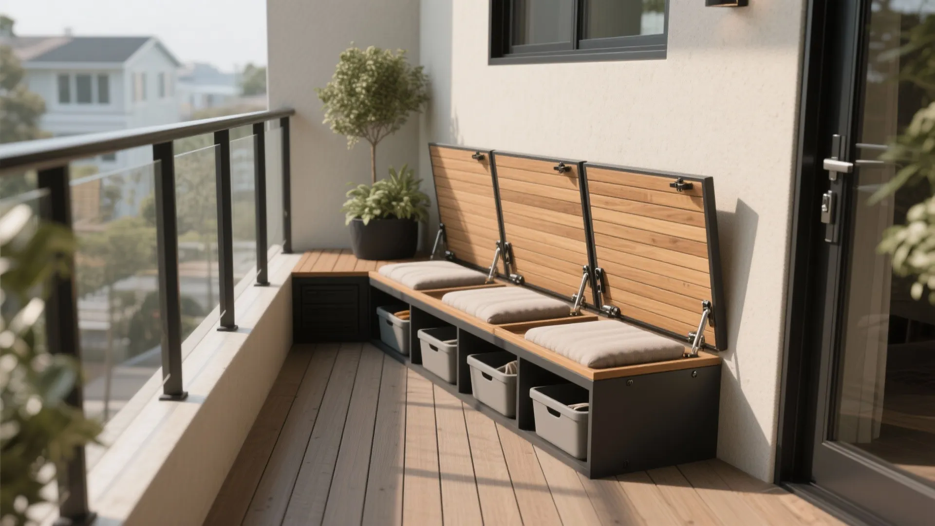 Modern balcony featuring wooden storage bench with grey cushions and plastic bins on the floor