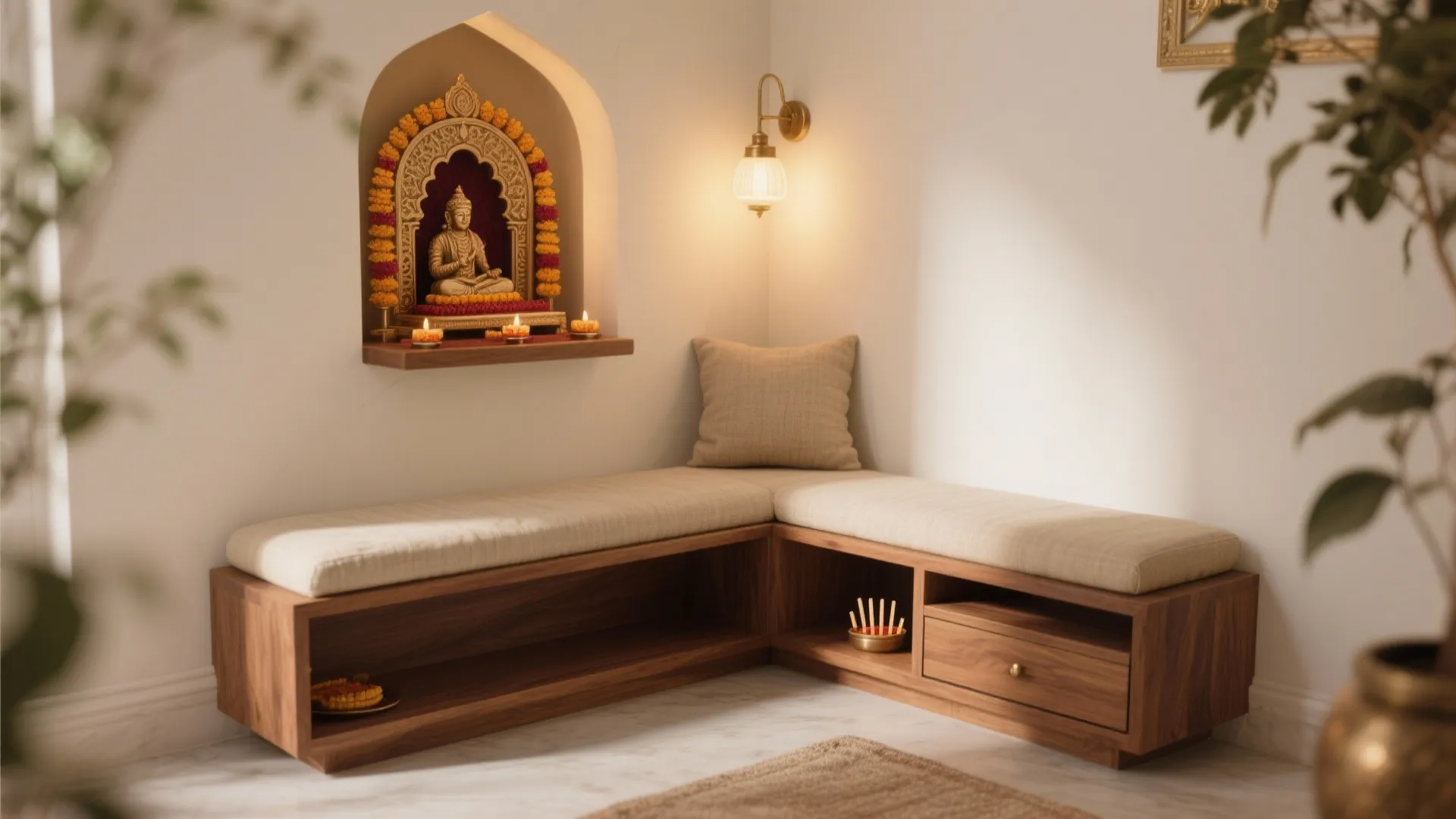 Corner wooden storage bench with beige cushions placed below a wall niche and gold light