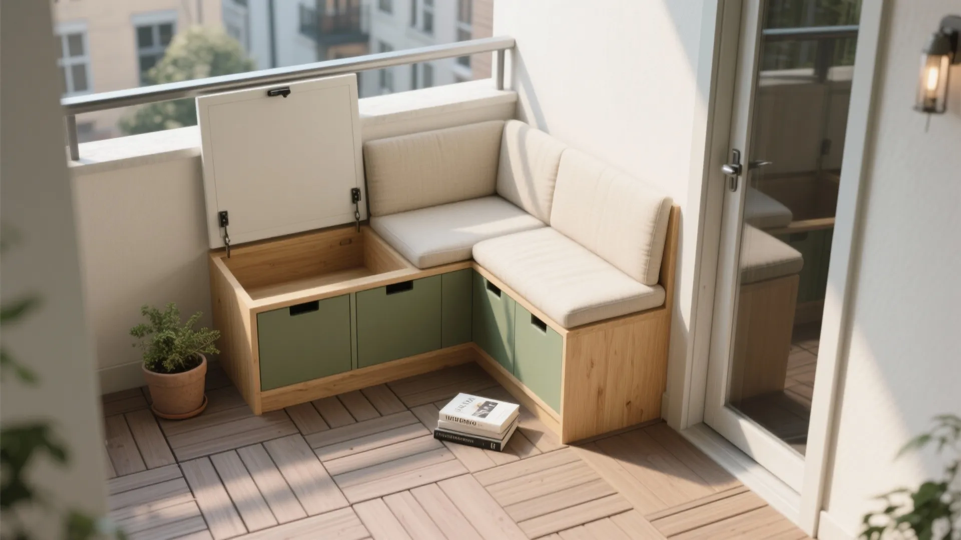 Corner wooden bench with green storage cabinets and cream cushions on small balcony with tiles