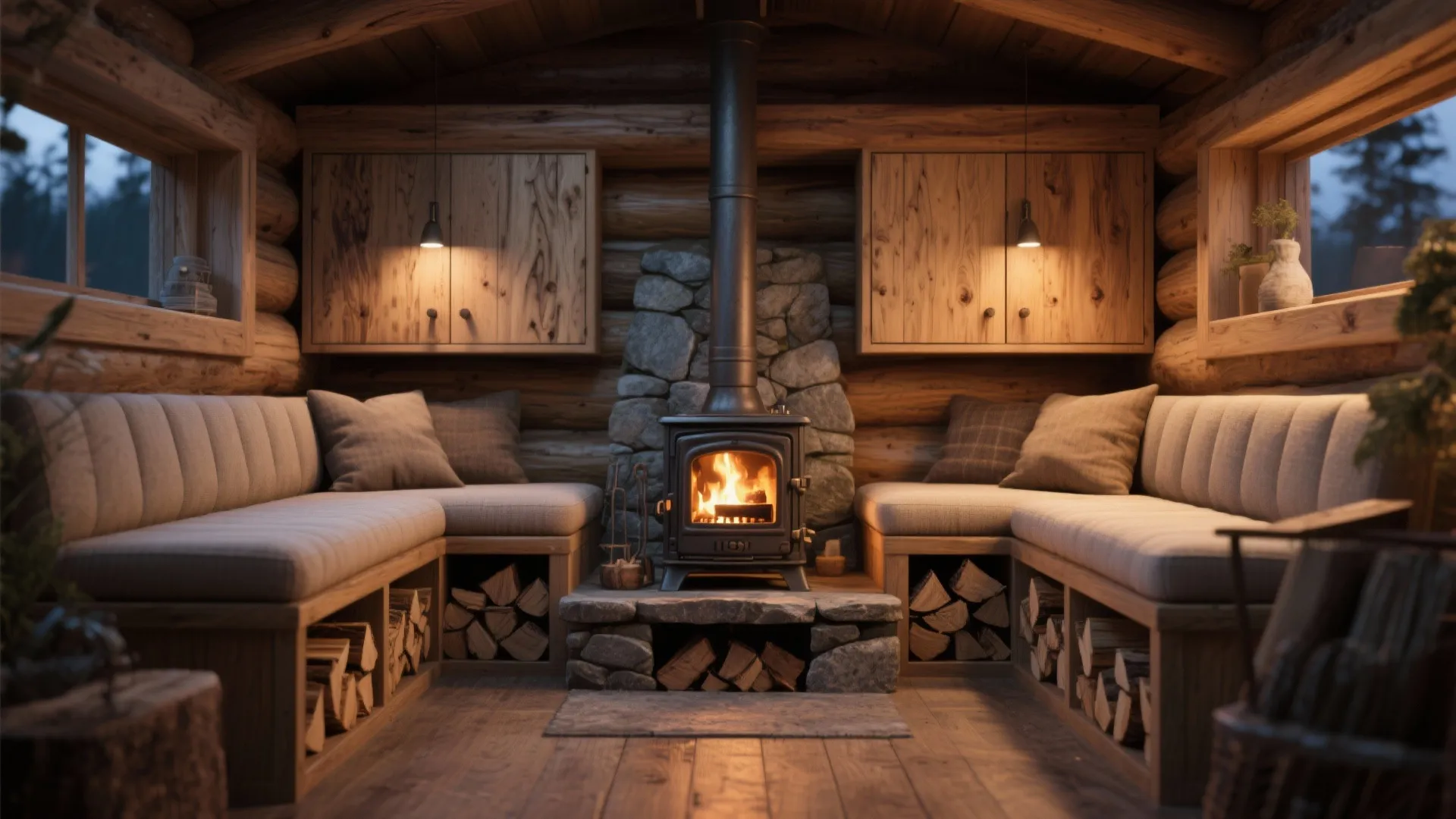 2. Built‑in bench with wood stove