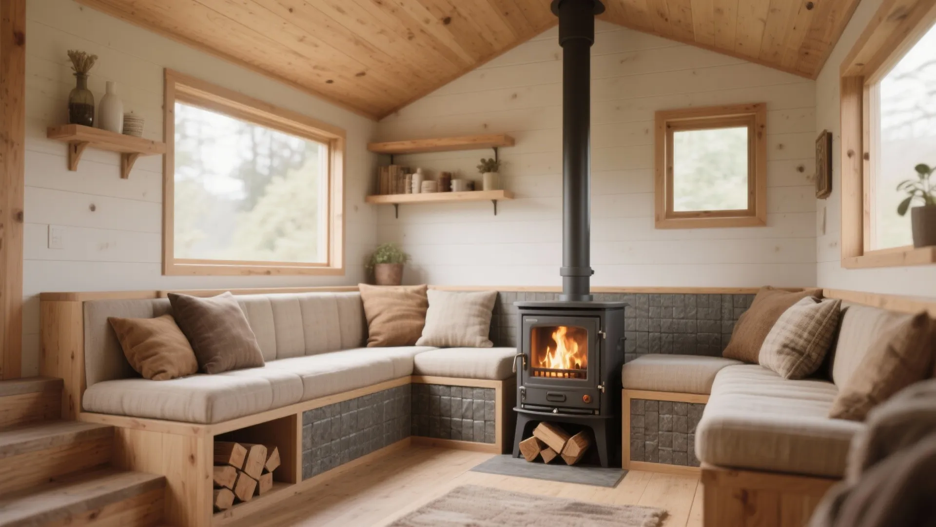 Wood stove in a room with long bench seating plus pillows and light wood wall