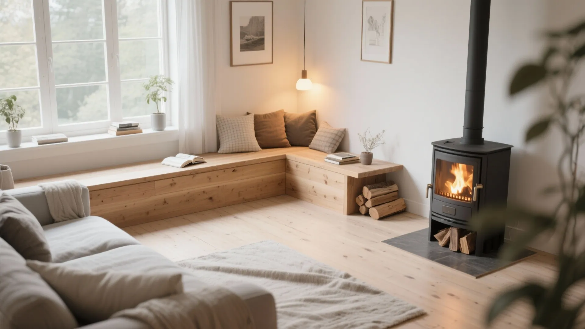 Cozy reading nook with wooden bench seating cushions a small stove and light wood floors