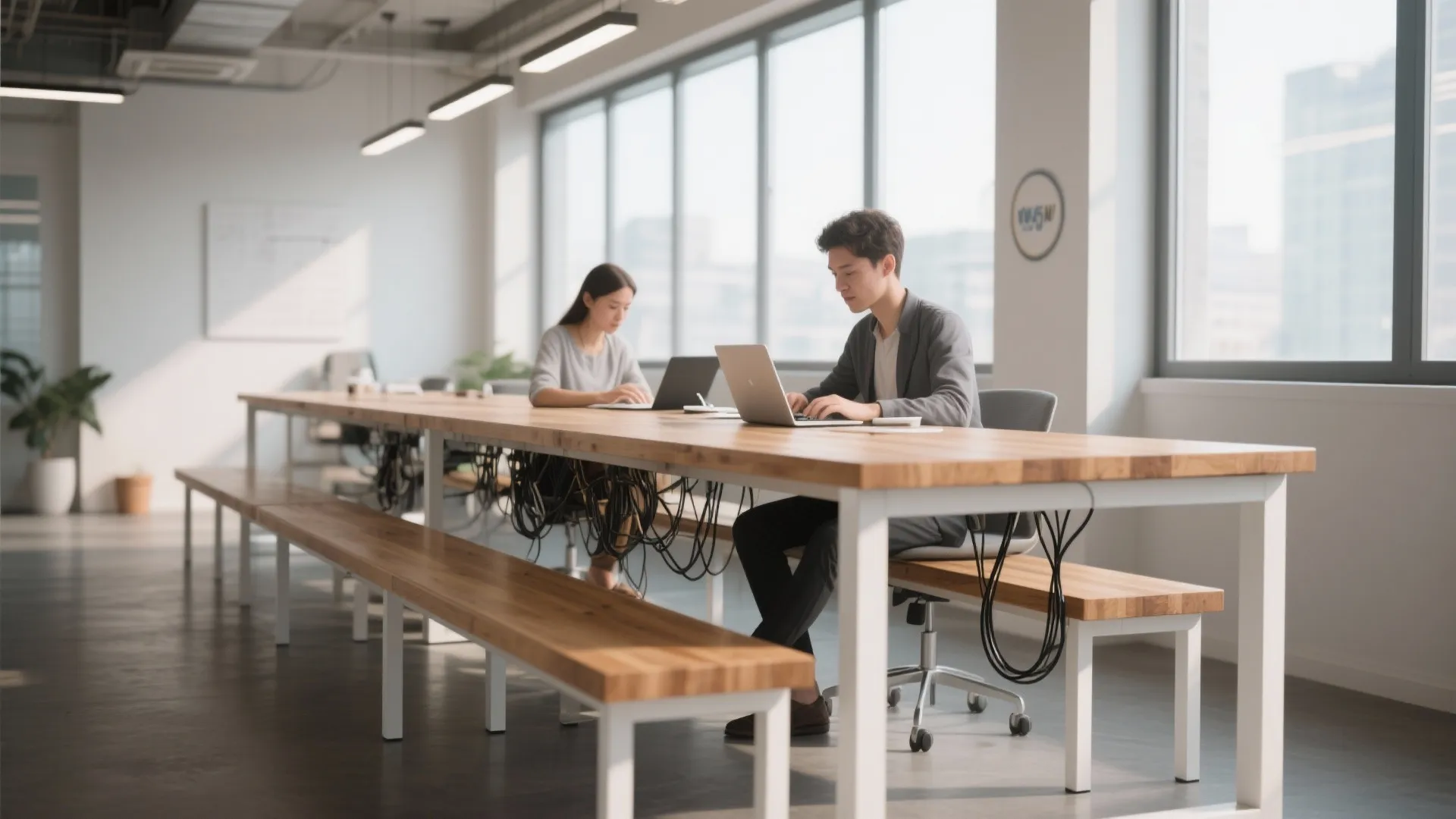 Long wooden bench style desk with two people working on laptops in a bright office