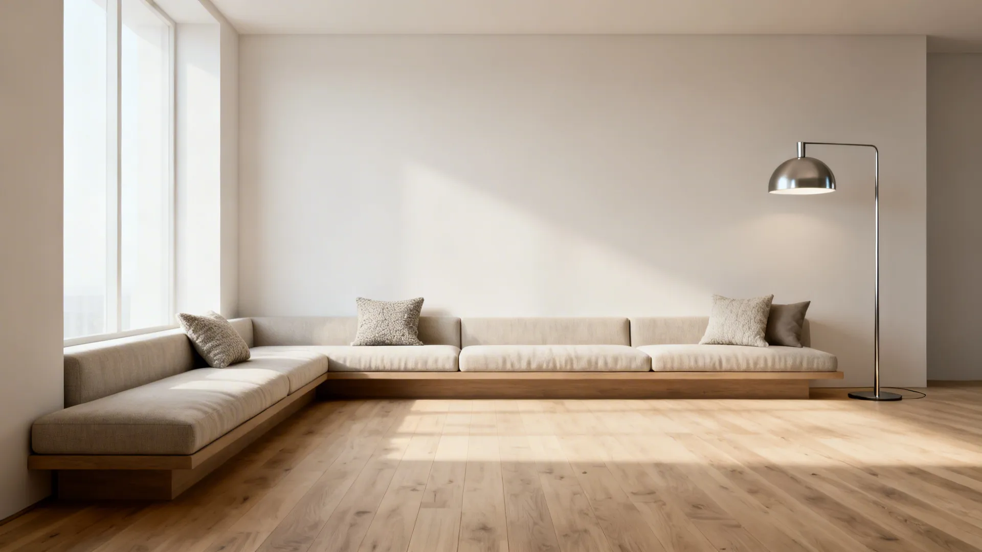 Minimal studio living room with a bench-style sectional and tall floor lamp to add vertical interest.