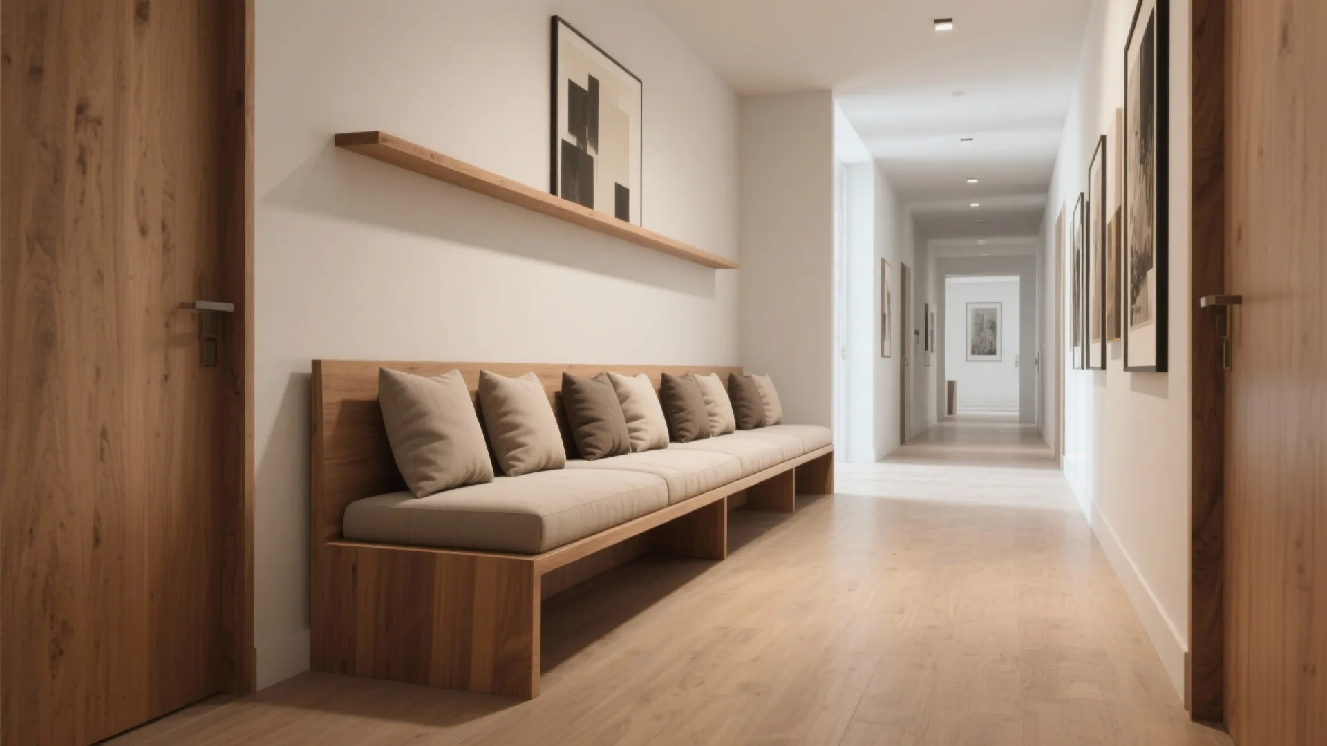 Low, Bench-Style Wooden Sofa Along the Wall