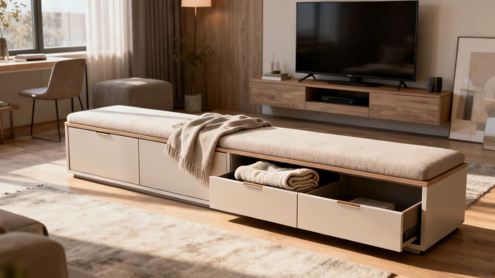 Long cream storage bench with open drawers holding folded blankets in a bright sunny room