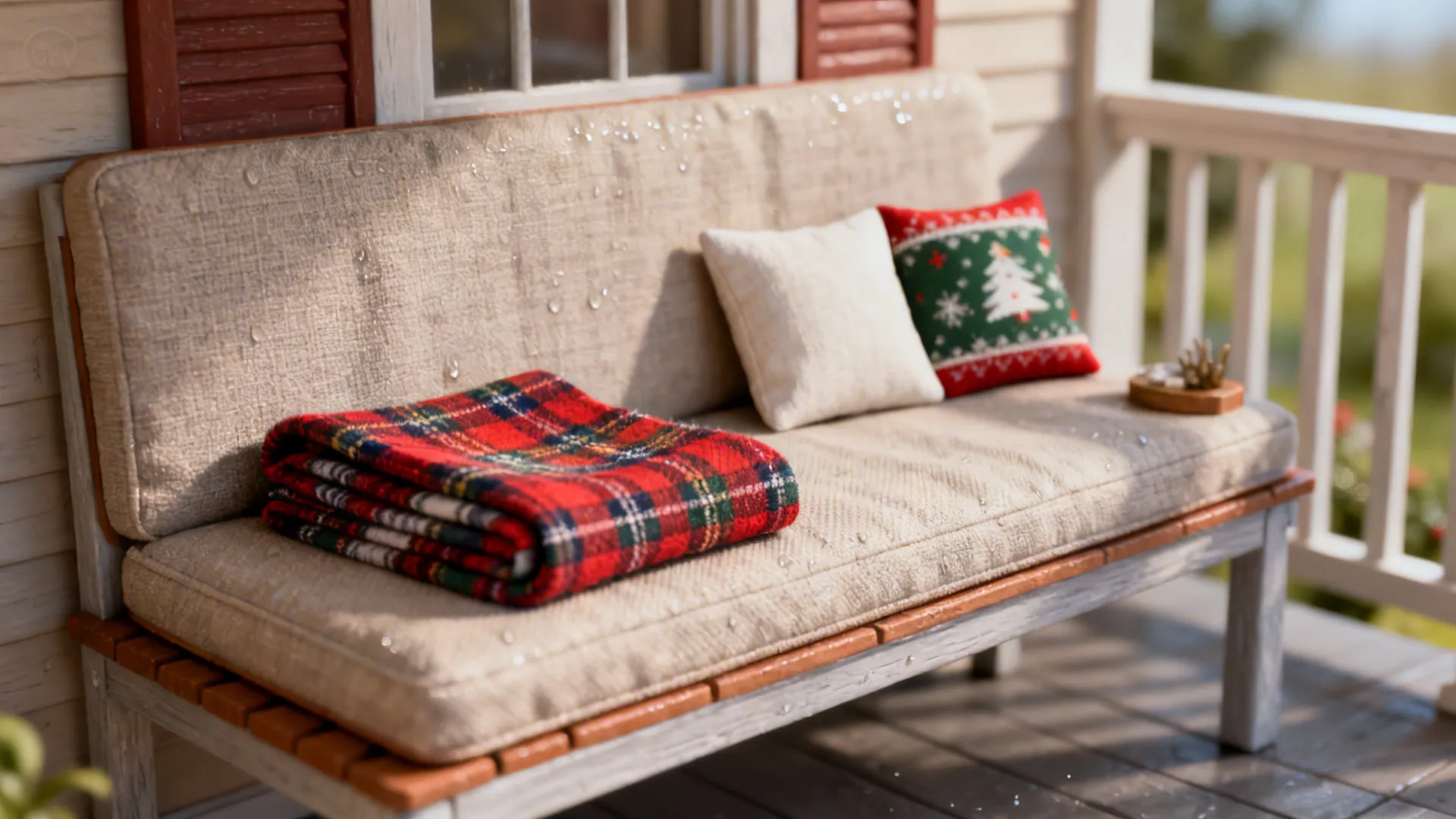 Porch bench styled with a weatherproof cushion, plaid throw, and two small pillows for holiday charm.