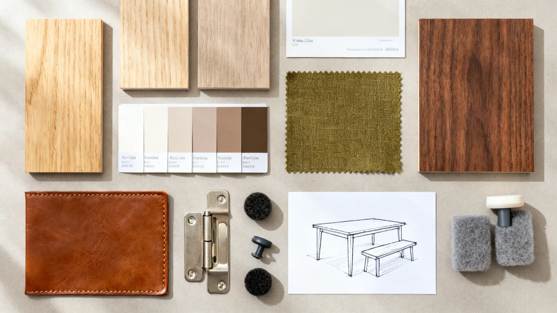Flat lay of wood, fabric, hardware, and a sketch of a dining table with a bench.