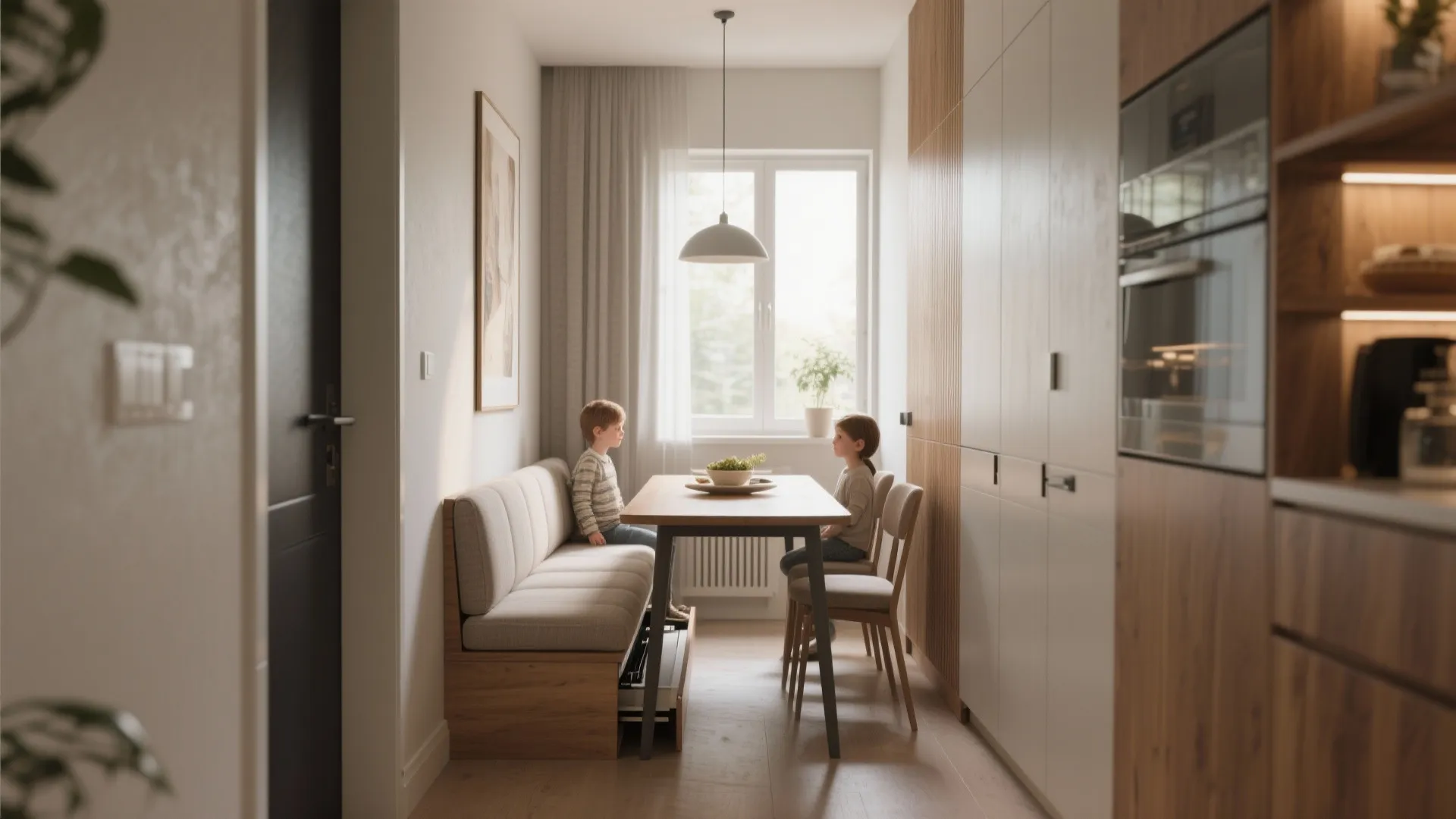 Narrow dining alcove with a slim extendable rectangular table and a pull-out bench with cushions.