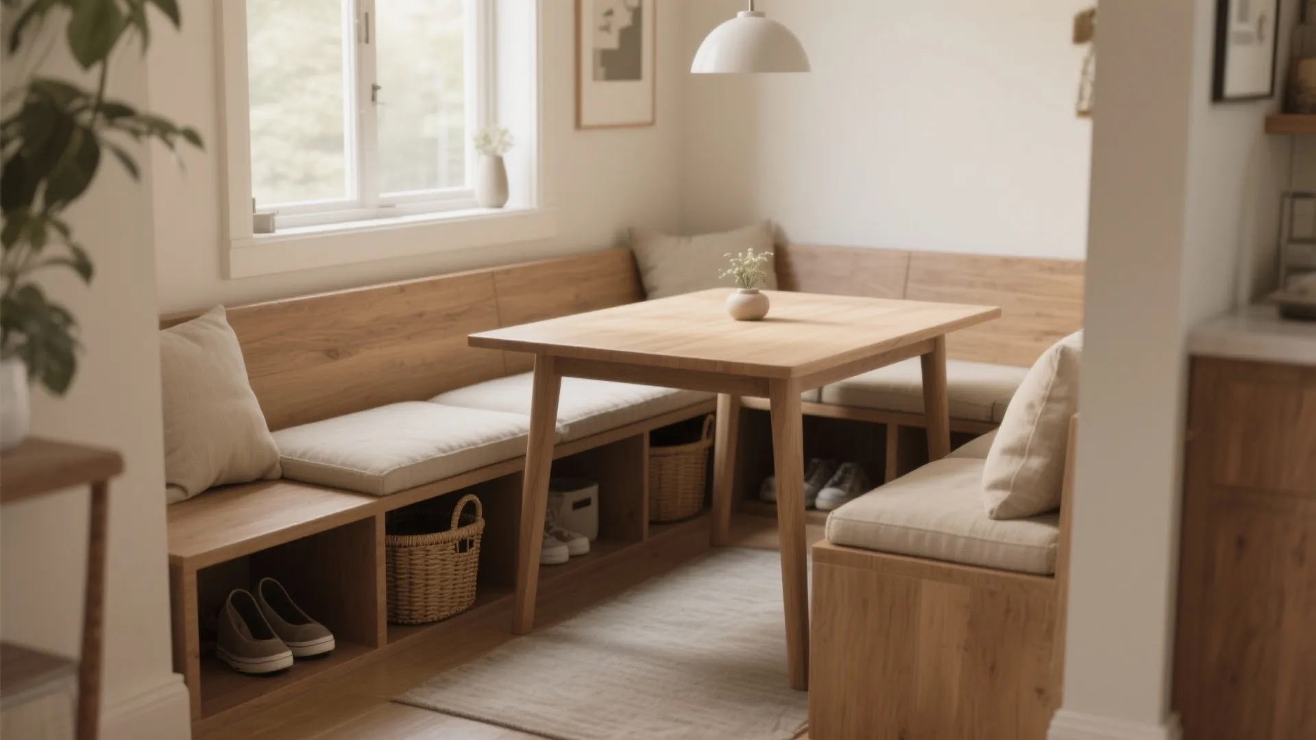 Modern wooden dining table set with built-in corner bench seating featuring storage baskets and neutral cushions