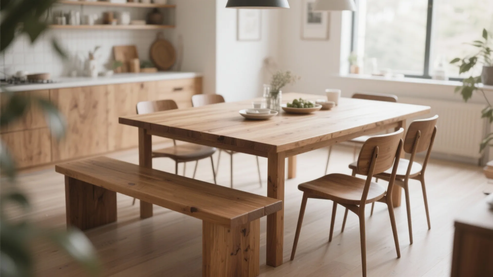 Wooden dining table with matching chairs and long bench in a bright modern kitchen area