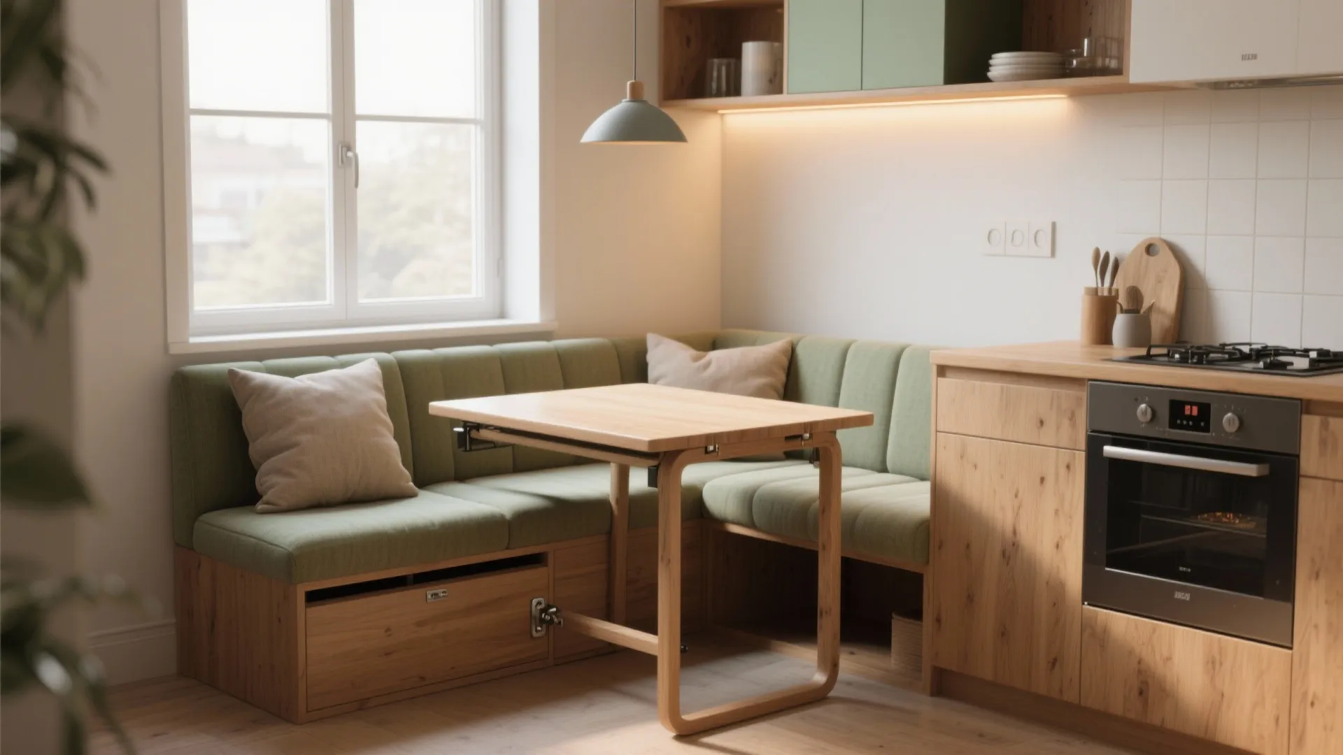 Cozy fold-down bench and table combo in a small kitchen nook with cushions and warm wood finishes.
