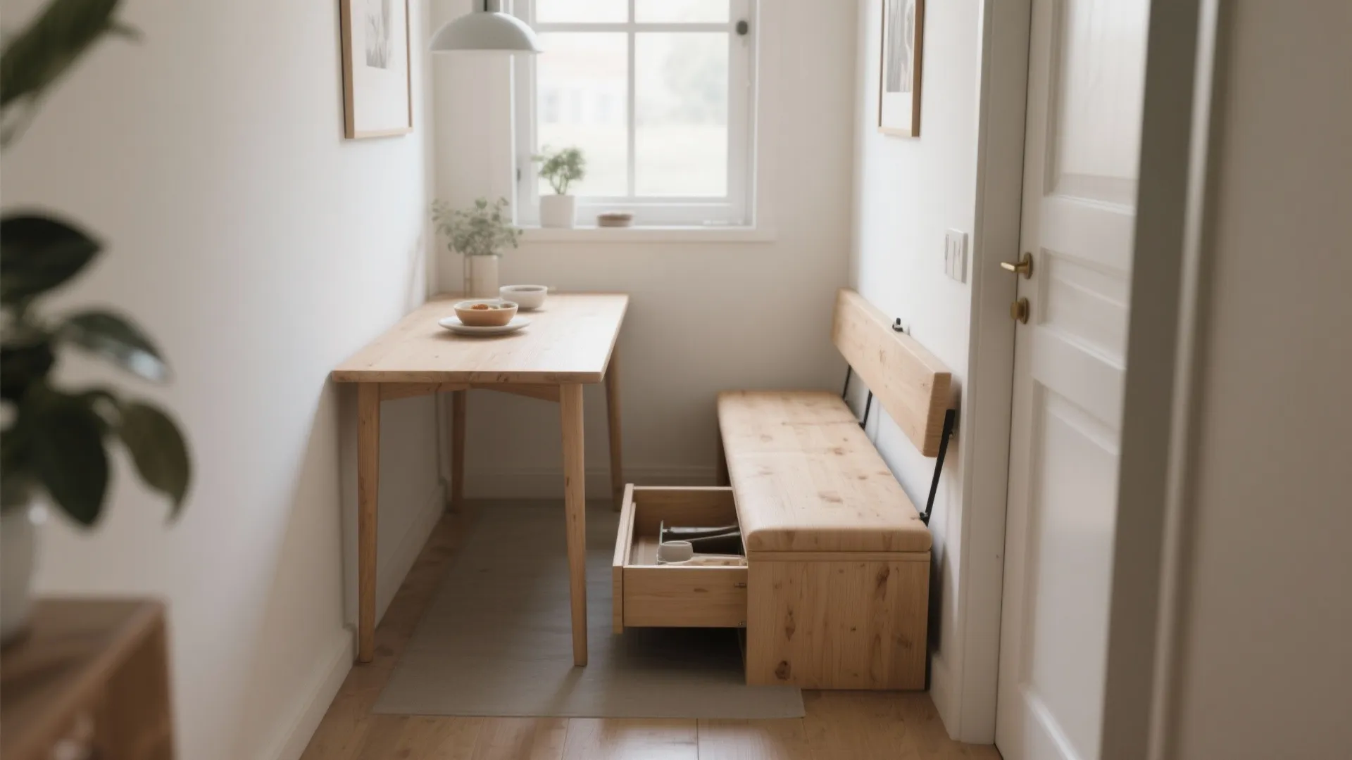 Small dining area with wooden table, a storage bench having an open drawer, and window