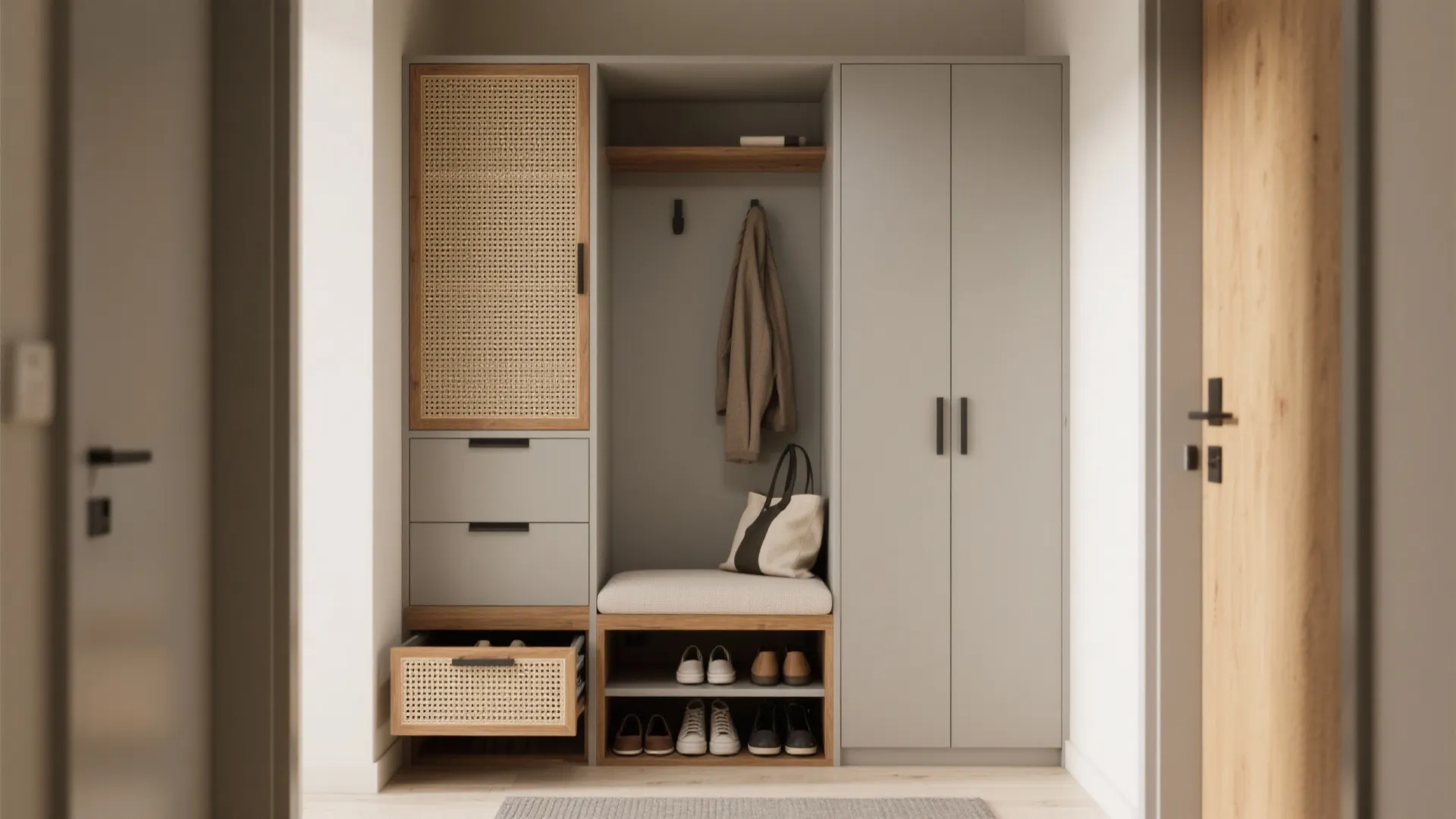 Modern grey entryway cabinet with wood bench coat hooks shoe storage and woven door details