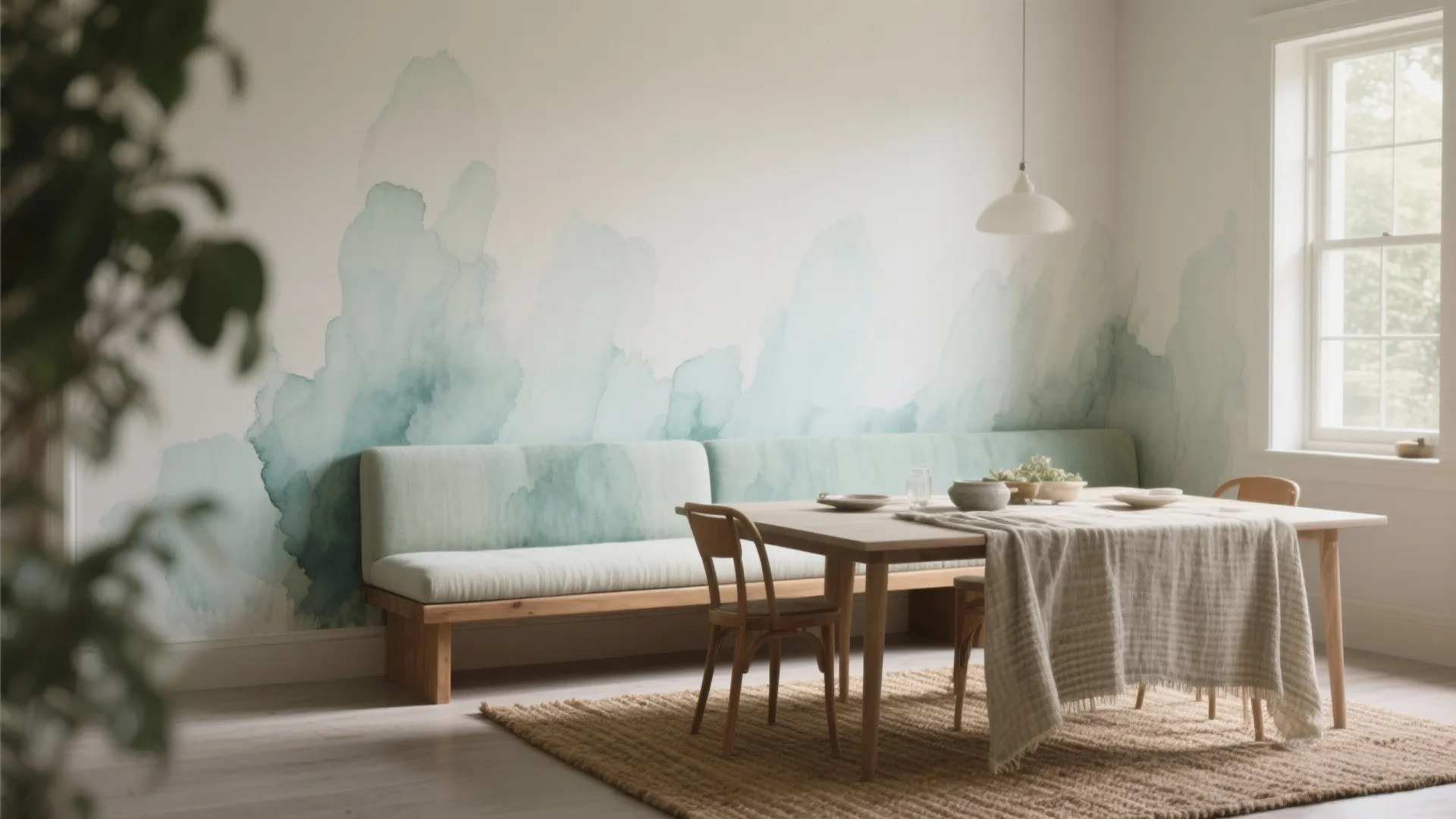 Minimalist dining area featuring wooden table long green sofa and watercolor wall mural under sunlight