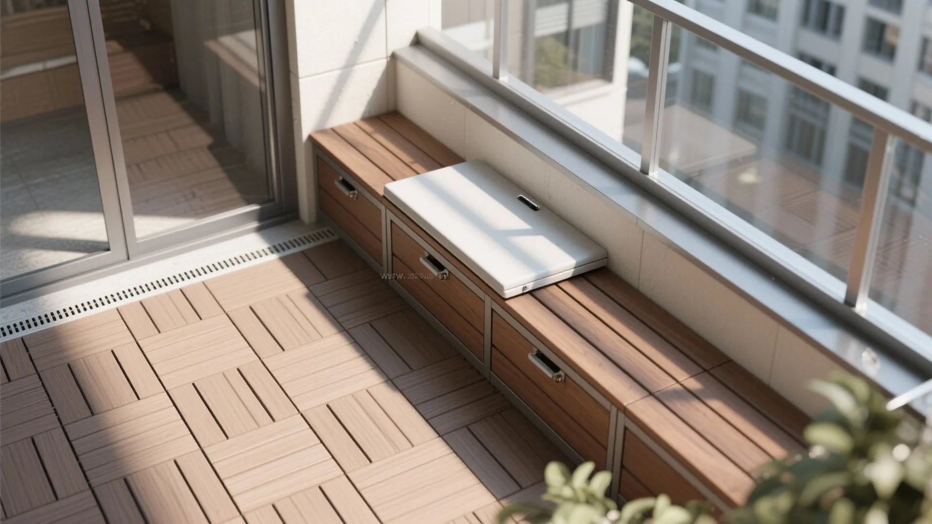 Modern balcony featuring wood deck floor tiles and a wooden storage bench under a glass railing