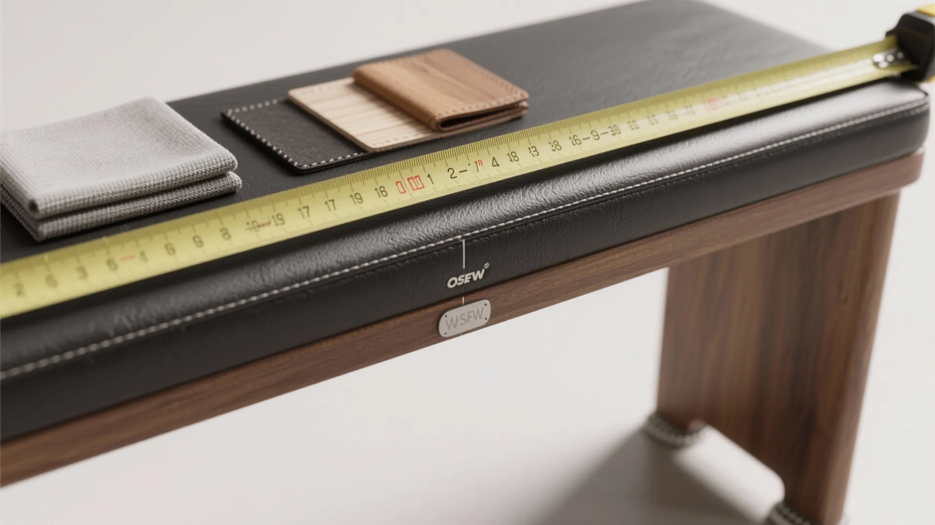 Detail shot of measuring tape on bench seat and material swatches showing recommended dimensions and fabrics.